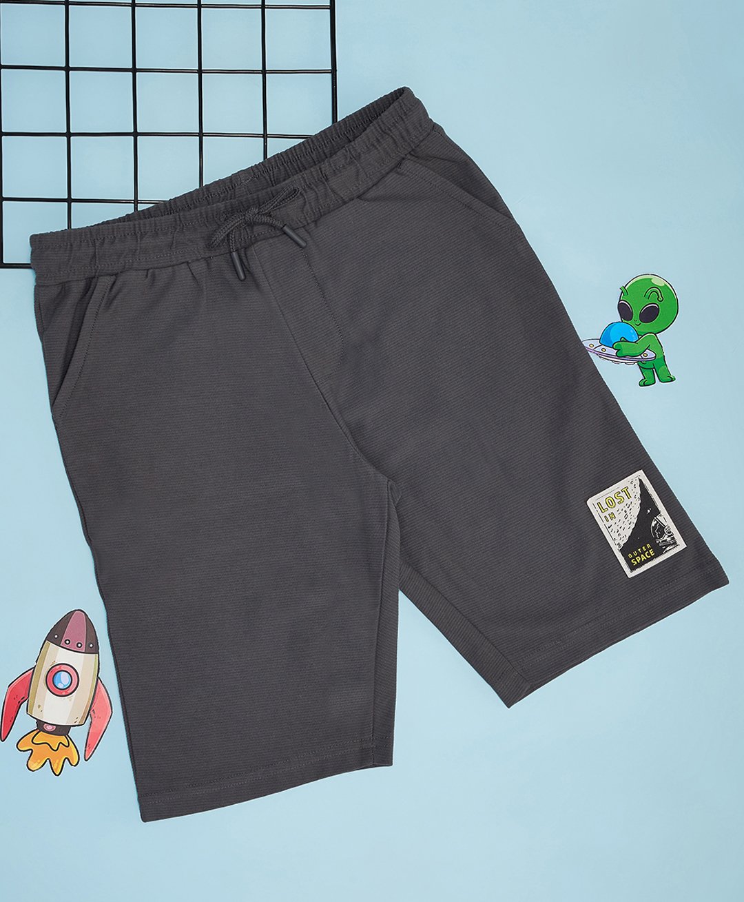 Pantaloons Junior Cotton Space Theme Patch Detailed Shorts - Charcoal Grey-picture-29