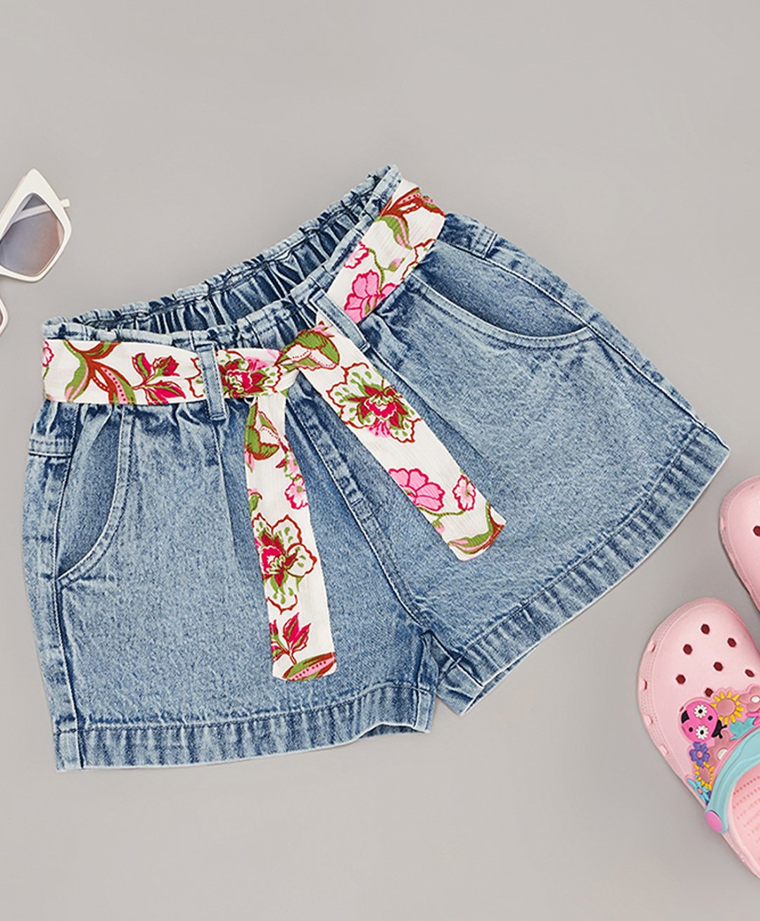 Pantaloons Junior Denim Mild Washed Shorts With Belt Set - Blue-image-9