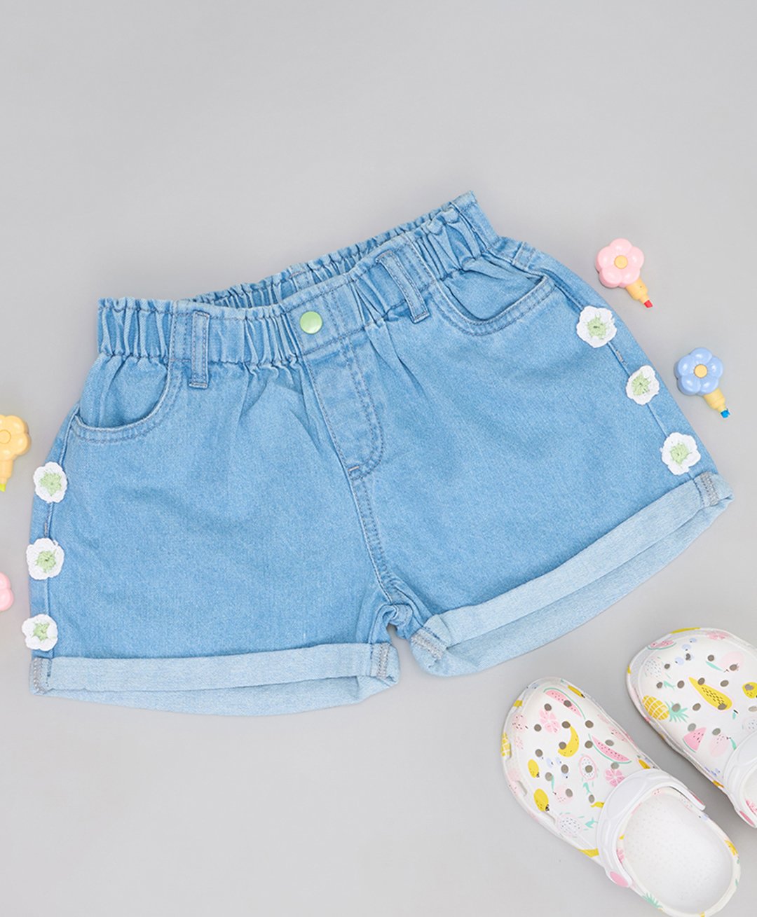 Pantaloons Junior Cotton Denim Floral Crcochet Embellished Shorts - Blue-picture-16