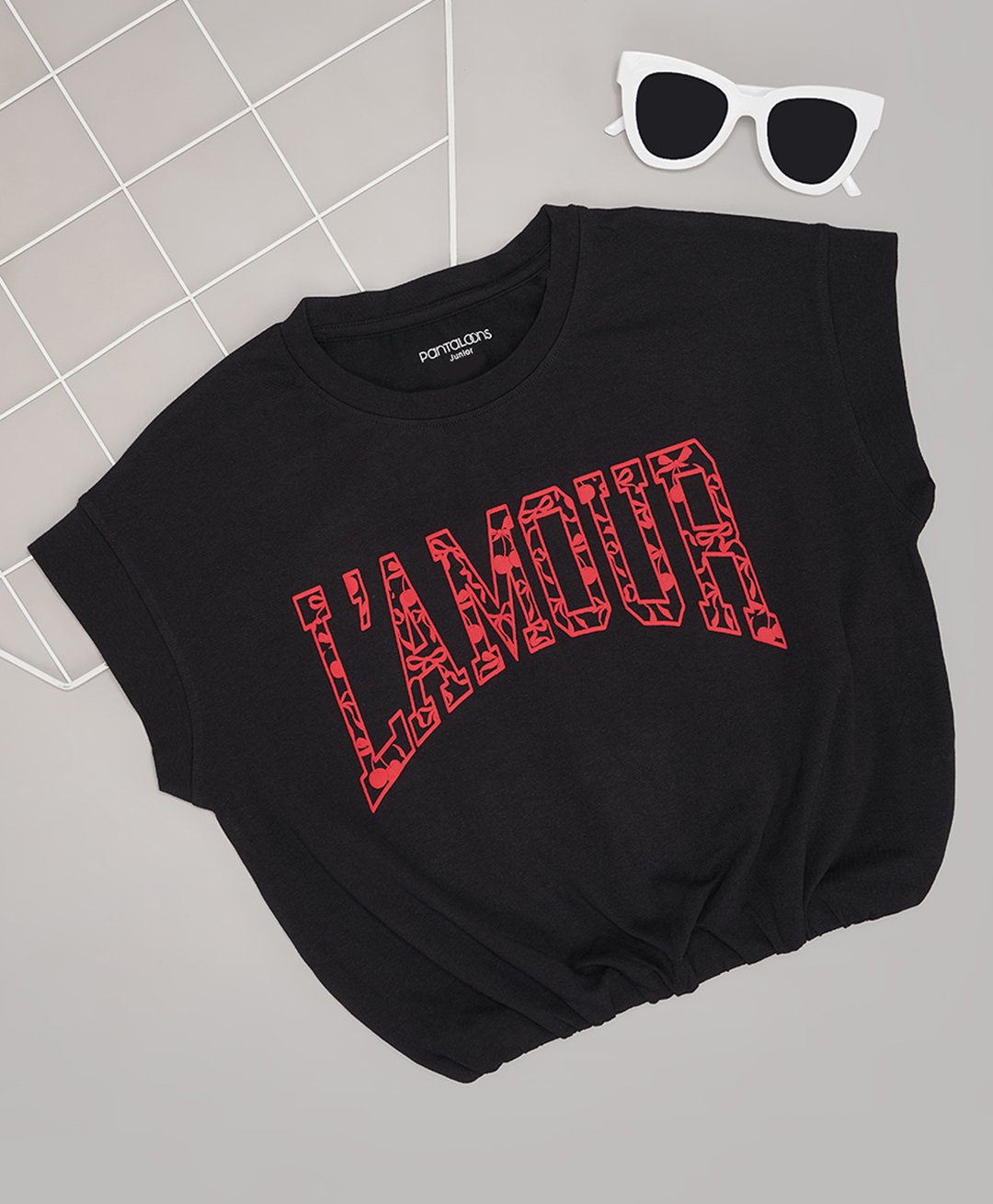 Pantaloons Junior Short Sleeves L Amour Text Printed Top - Black-image-0
