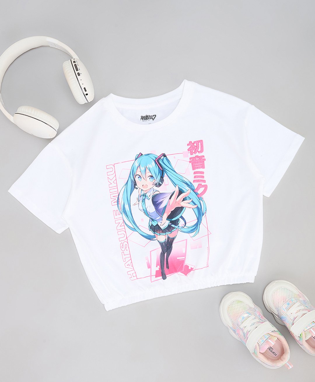 Pantaloons Junior Cotton Elastane Anime Featuring Half Sleeves Hatsune Miku Character Printed Top - Bright White-image-27
