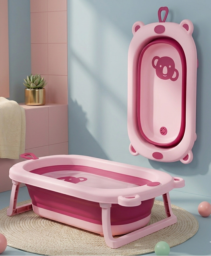 Foldable Baby Bath Tub with Drain Plug - Pink| Anti-Slip Base| Collapsible Space-Saving Design| Infant Bathing Tub| 0-3 Years| Lightweight & Portable