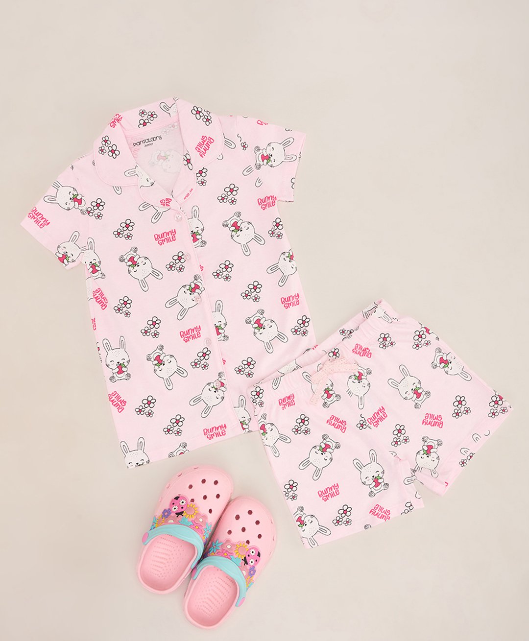 Pantaloons Junior Cotton Knit Half Sleeves Bunnies & Floral Printed Coordinating Shirt & Shorts Set - Light Pink-picture-41