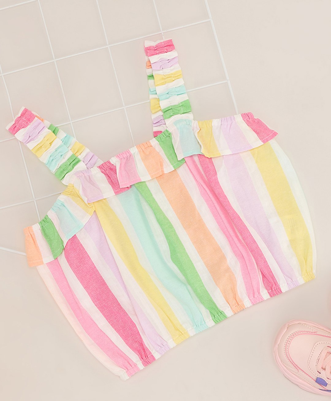 Pantaloons Junior Cotton Frill Detailed Sleeveless Striped Top - Multi Colour-image-19