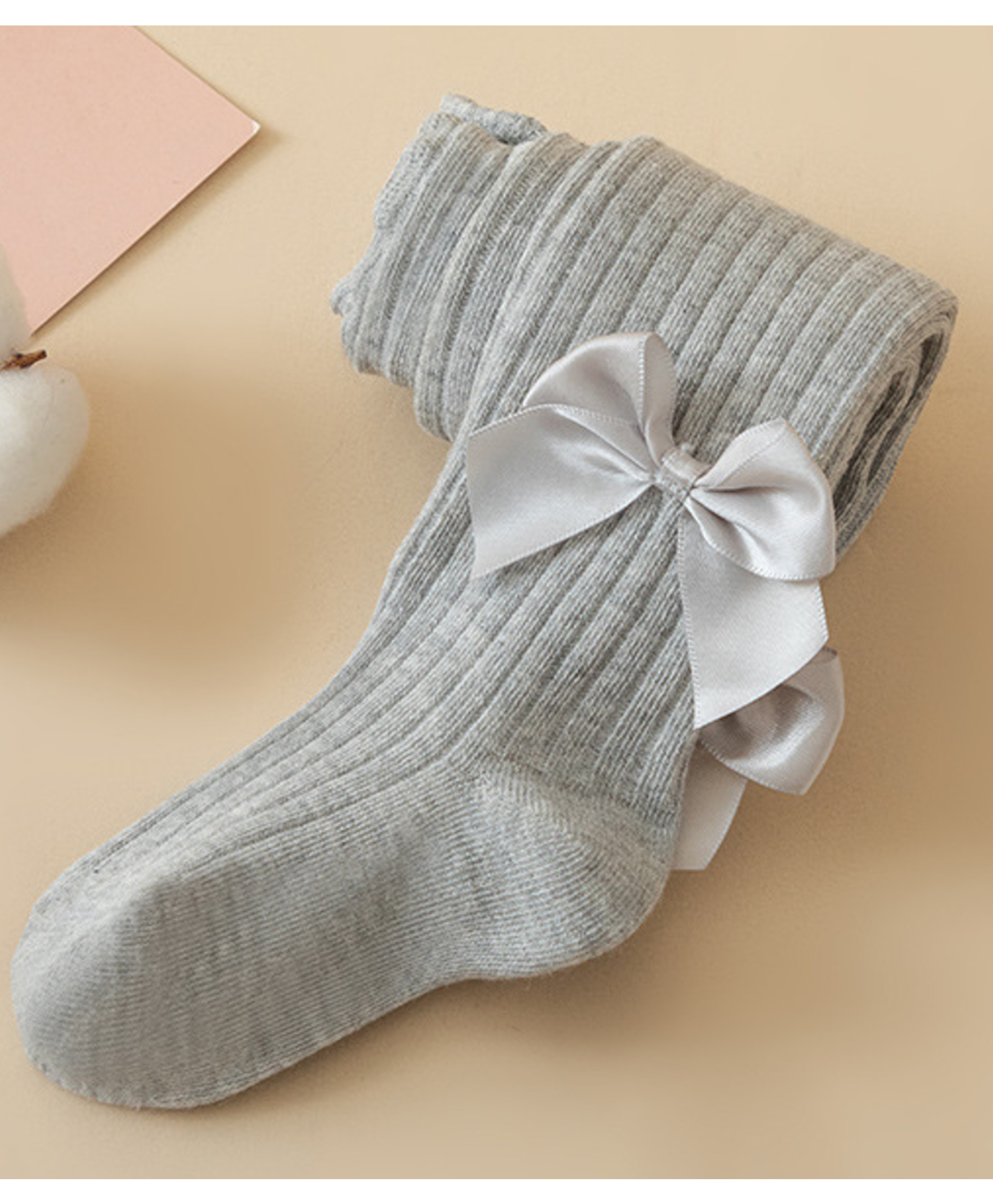 Kidofash Cotton Bow Applique Detailed Ribbed Stockings - Grey-image-49