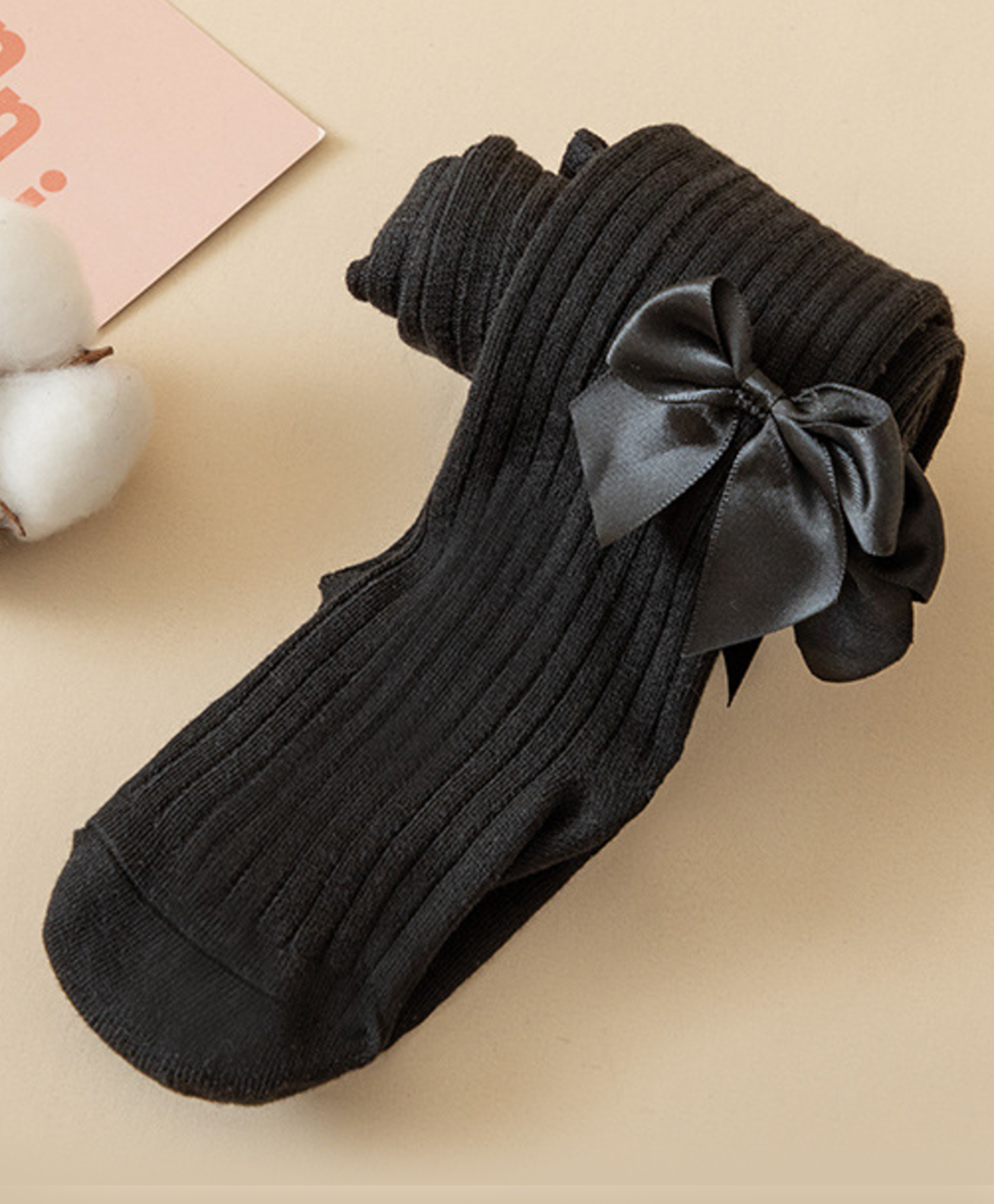 Kidofash Cotton Bow Applique Detailed Ribbed Stockings - Black-picture-30
