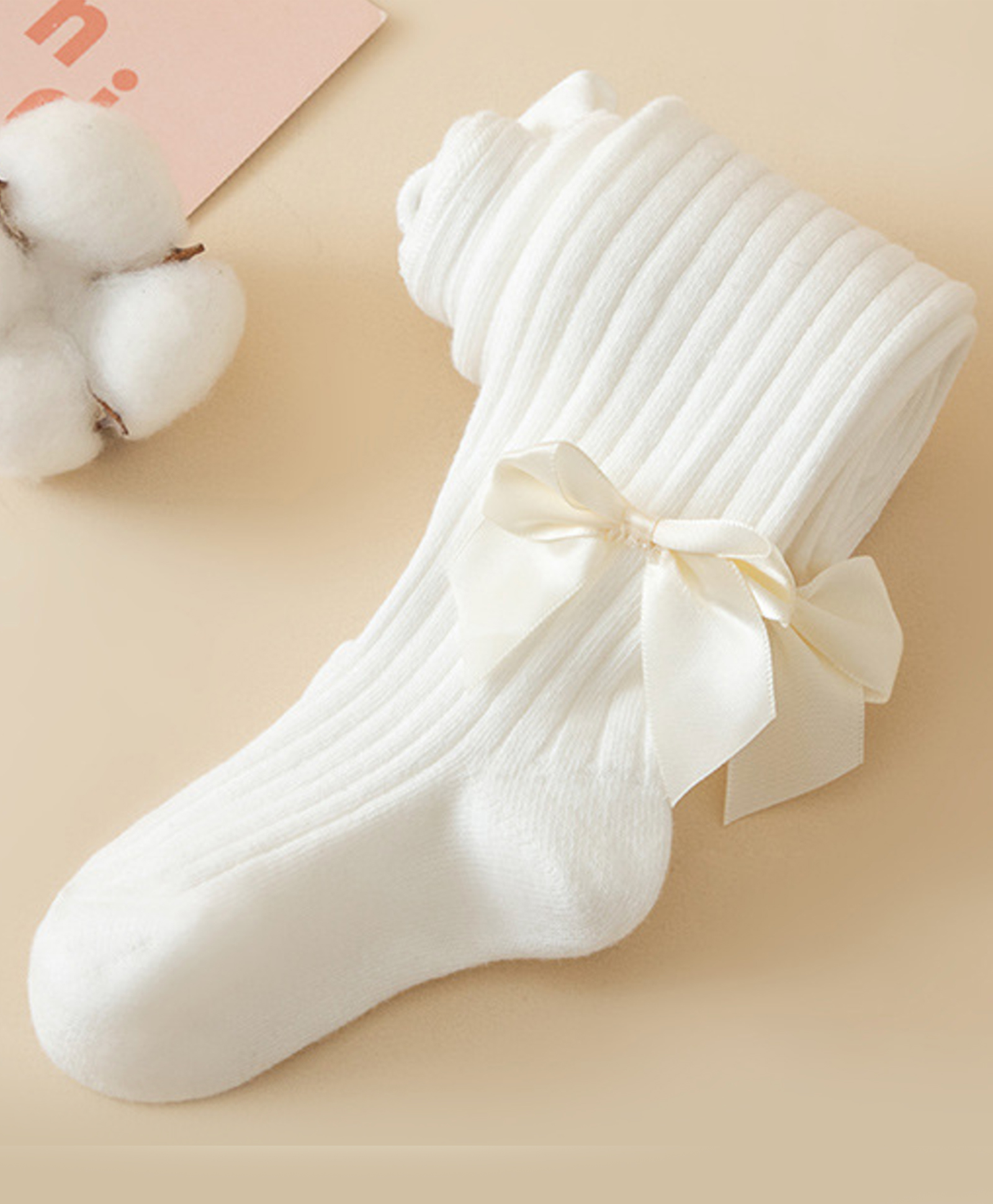 Kidofash Cotton Bow Applique Detailed Ribbed Stockings - White