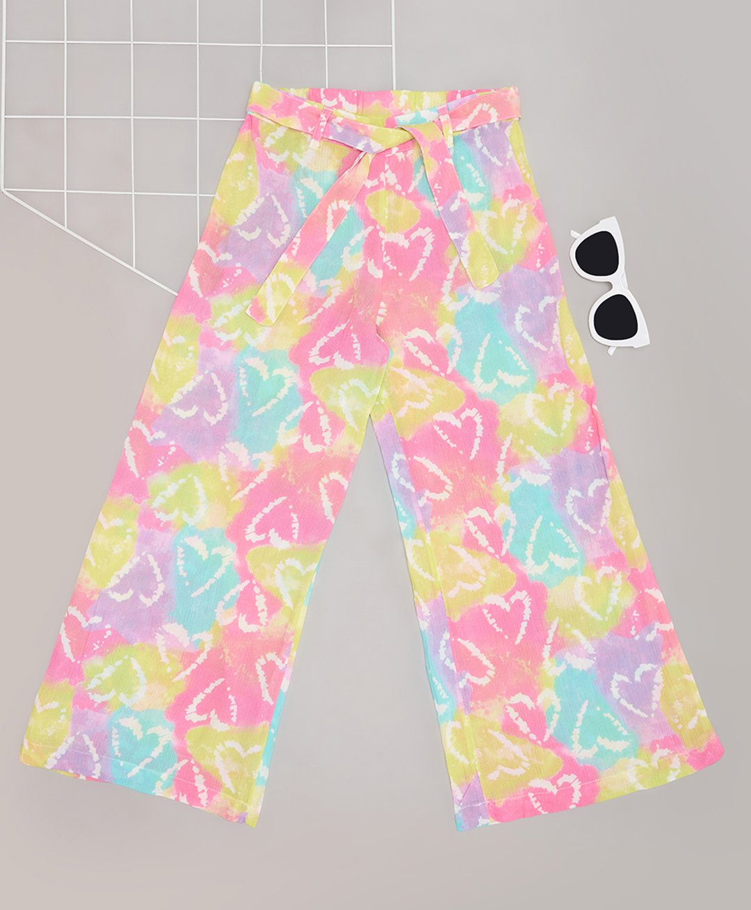 Pantaloons Junior Hearts Printed Tie Dye Palazzo With Belt - White-image-49