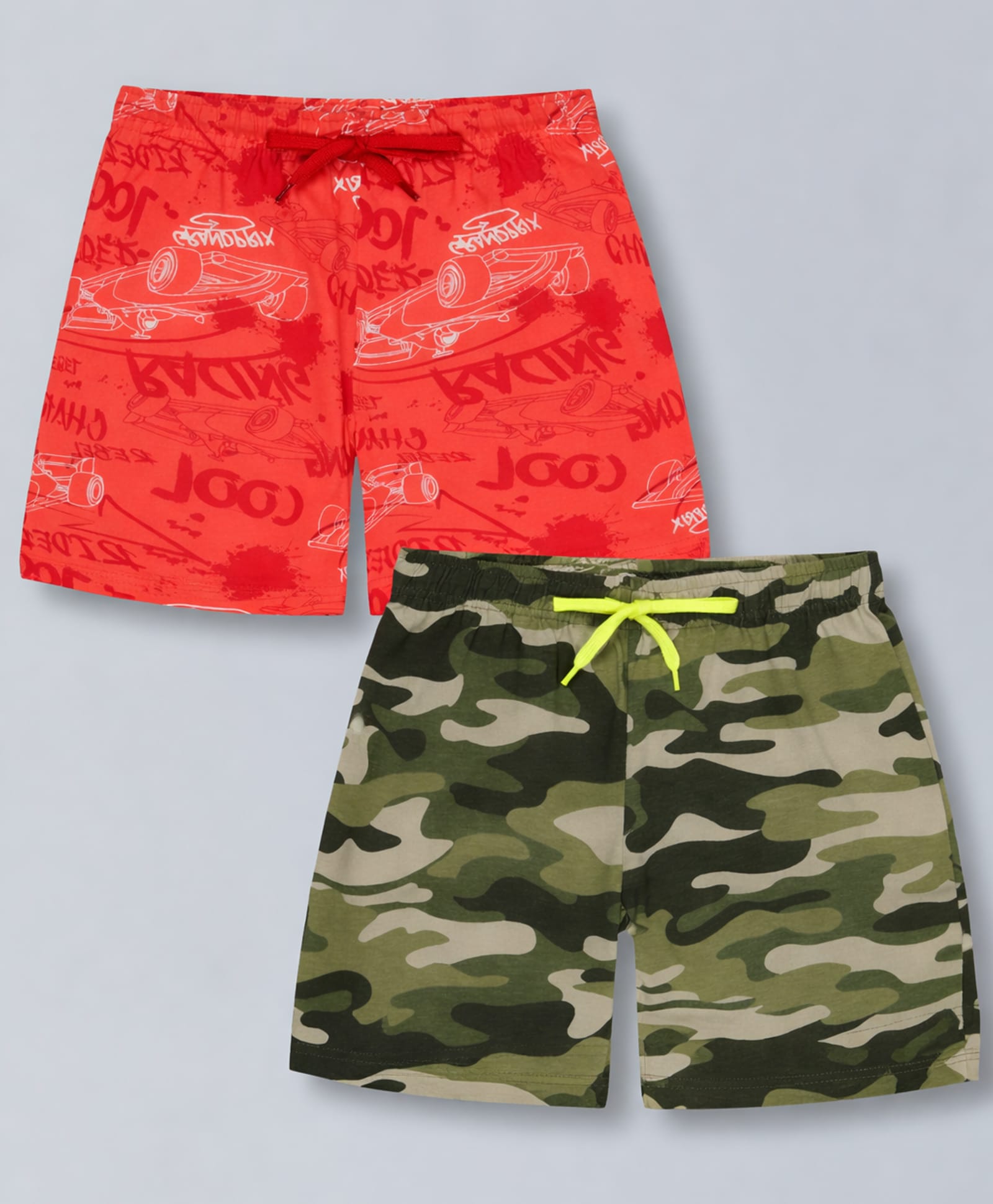 Plum Tree Pure Cotton Pack Of 2 Cool Text & Camouflage Printed Shorts - Olive Green & Red-picture-28