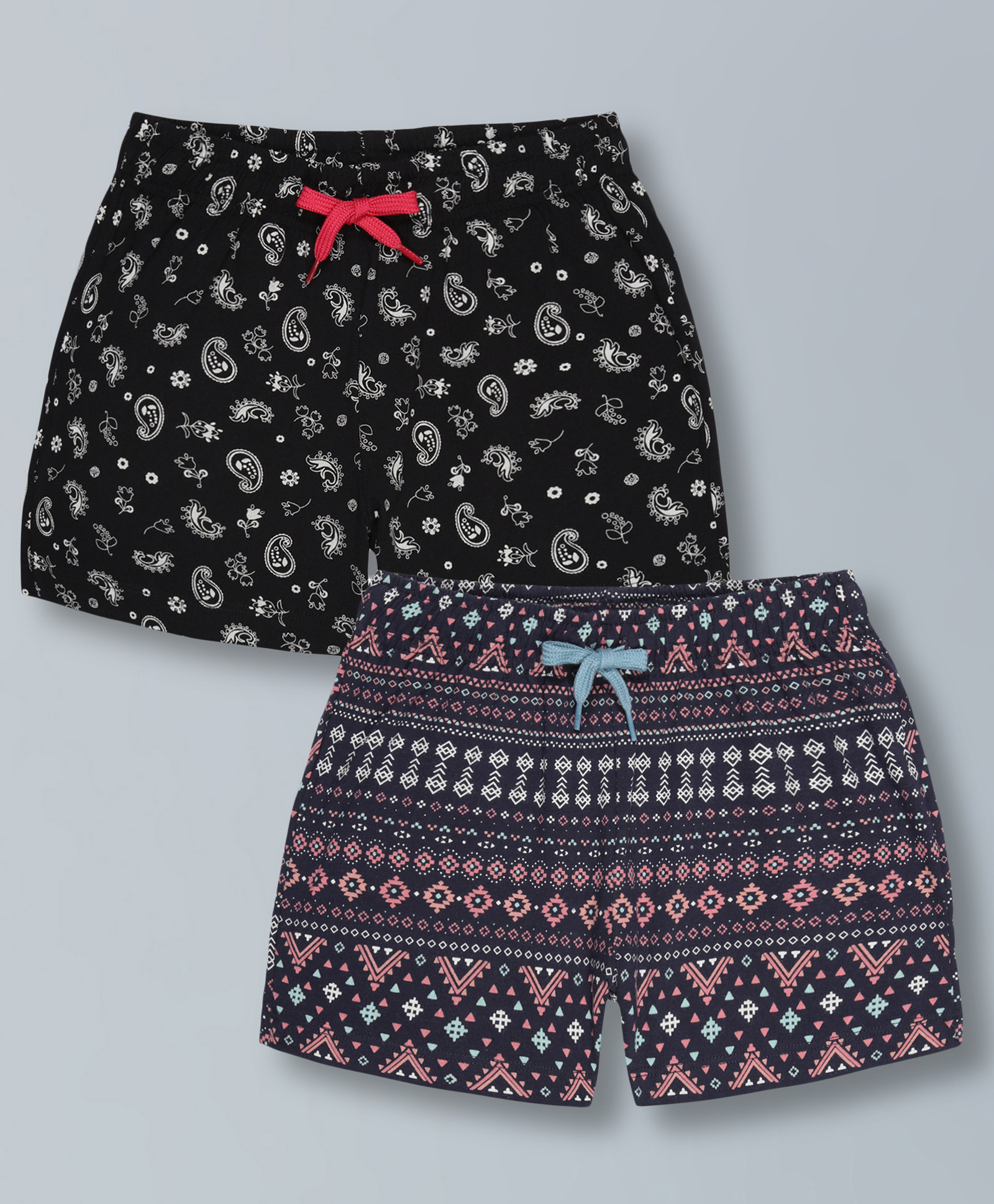 Plum Tree Pure Cotton Pack Of 2 Paisley & Floral Printed Shorts - Black & Navy Blue-picture-40
