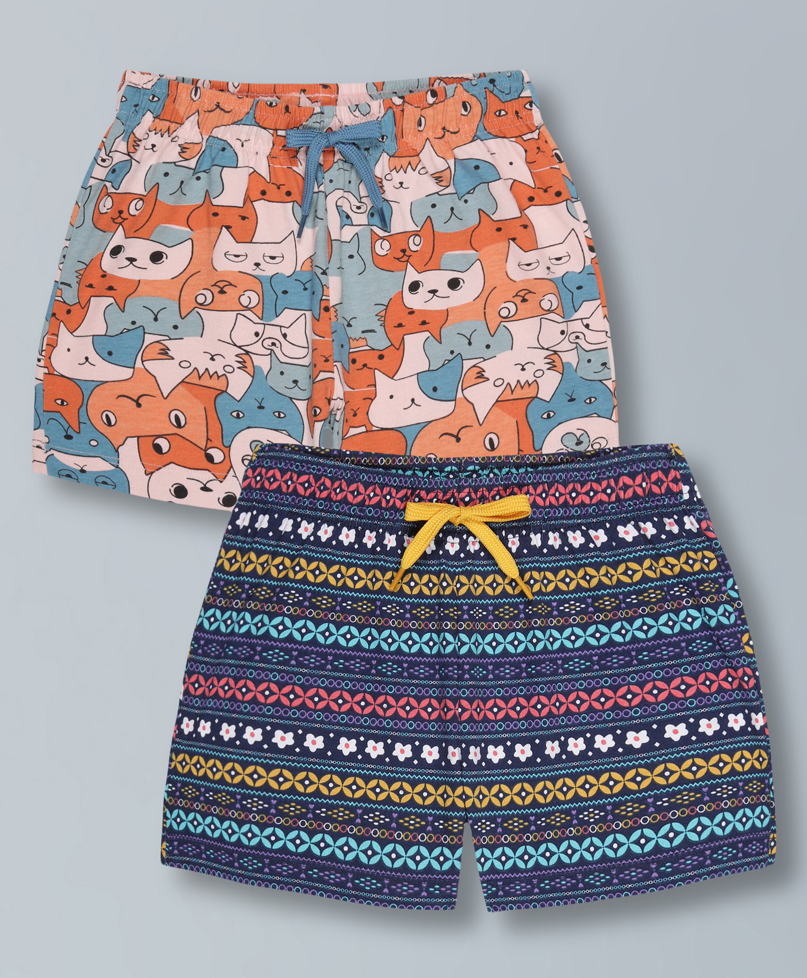 Plum Tree Pure Cotton Pack Of 2Cat & Floral Printed Shorts - Pink & White-picture-35