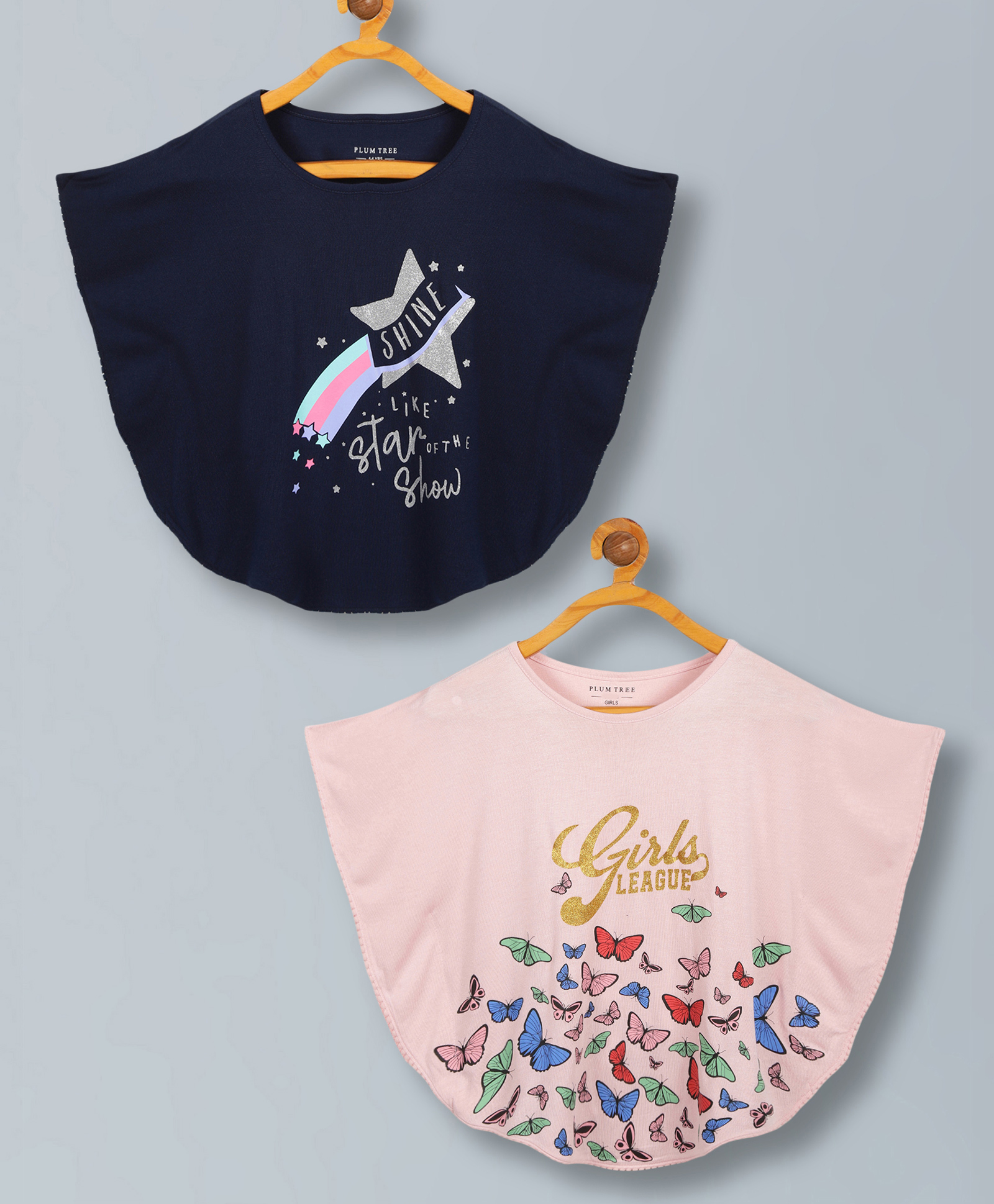 Plum Tree Viscose Pack Of 2 Half Batwing Sleeves Shine Like Star Of The Show Text & Butterfly Glitter Printed Poncho Tops - Navy Blue & Pink-picture-10