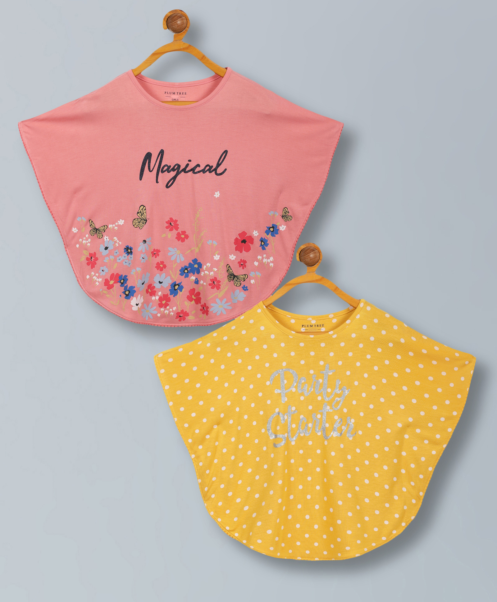 Plum Tree Viscose Pack Of 2 Half Batwing Sleeves Magical & Party Starter Text Printed Poncho Tops - Coral & Yellow-picture-14