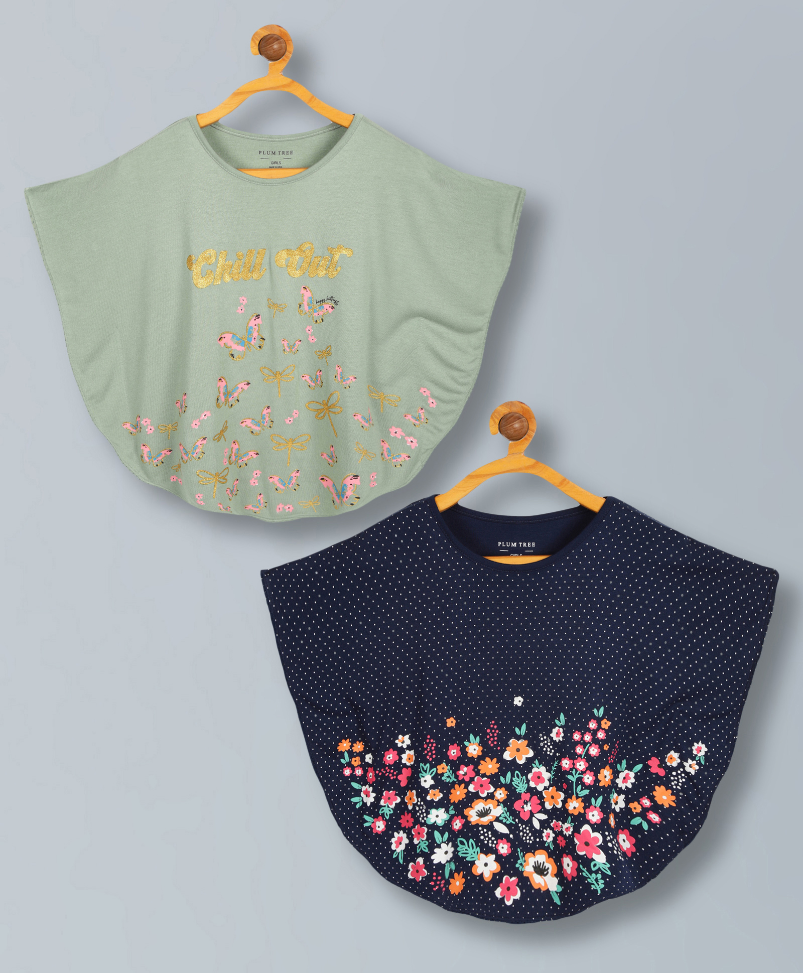 Plum Tree Viscose Pack Of 2 Half Batwing Sleeves Chill Out Text & Floral Printed Poncho Tops - Green & Navy Blue-picture-13