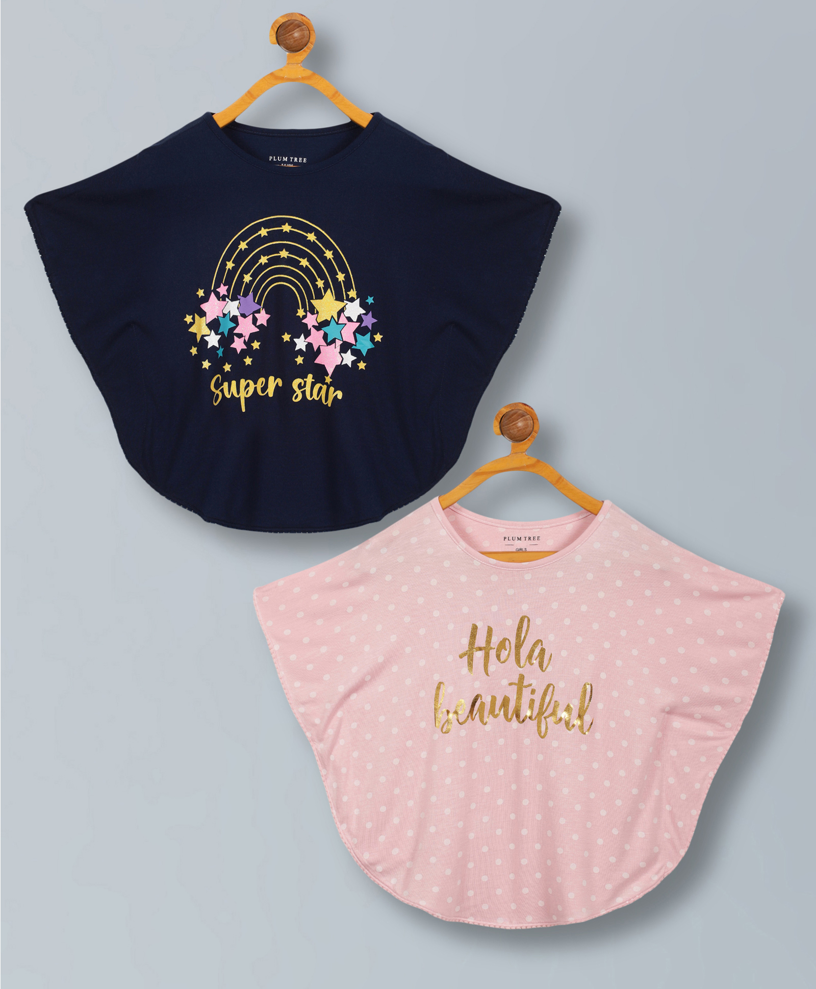 Plum Tree Viscose Pack Of 2 Half Batwing Sleeves Hola Beautiful & Superstar Text Printed Poncho Tops - Pink & Navy Blue-image-41