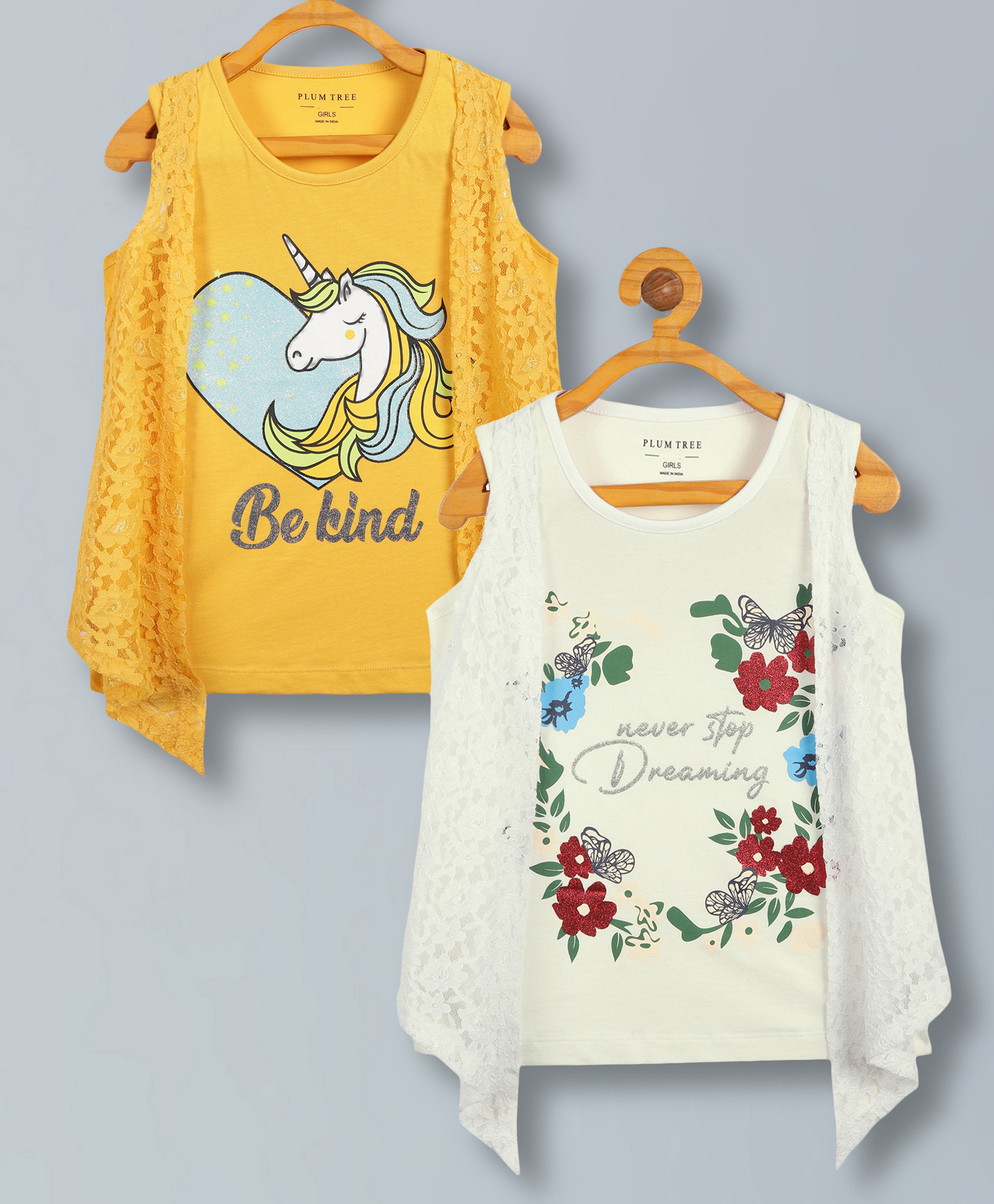 Plum Tree Pure Cotton Pack Of 2 Sleeveless Unicorn Glitter Printed Top With Attached Floral Lace Shrug Top - Yellow & White-picture-6