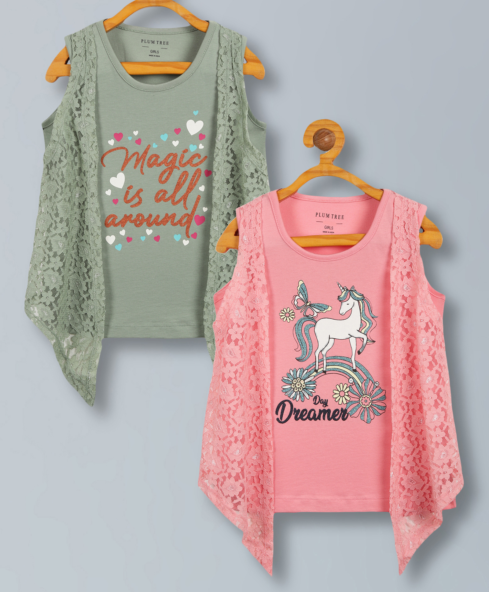 Plum Tree Pure Cotton Pack Of 2 Sleeveless Unicorn & MAgic Is All Round Glitter Printed Top With Attached Floral Lace Shrug Top - Coral & Green-picture-23