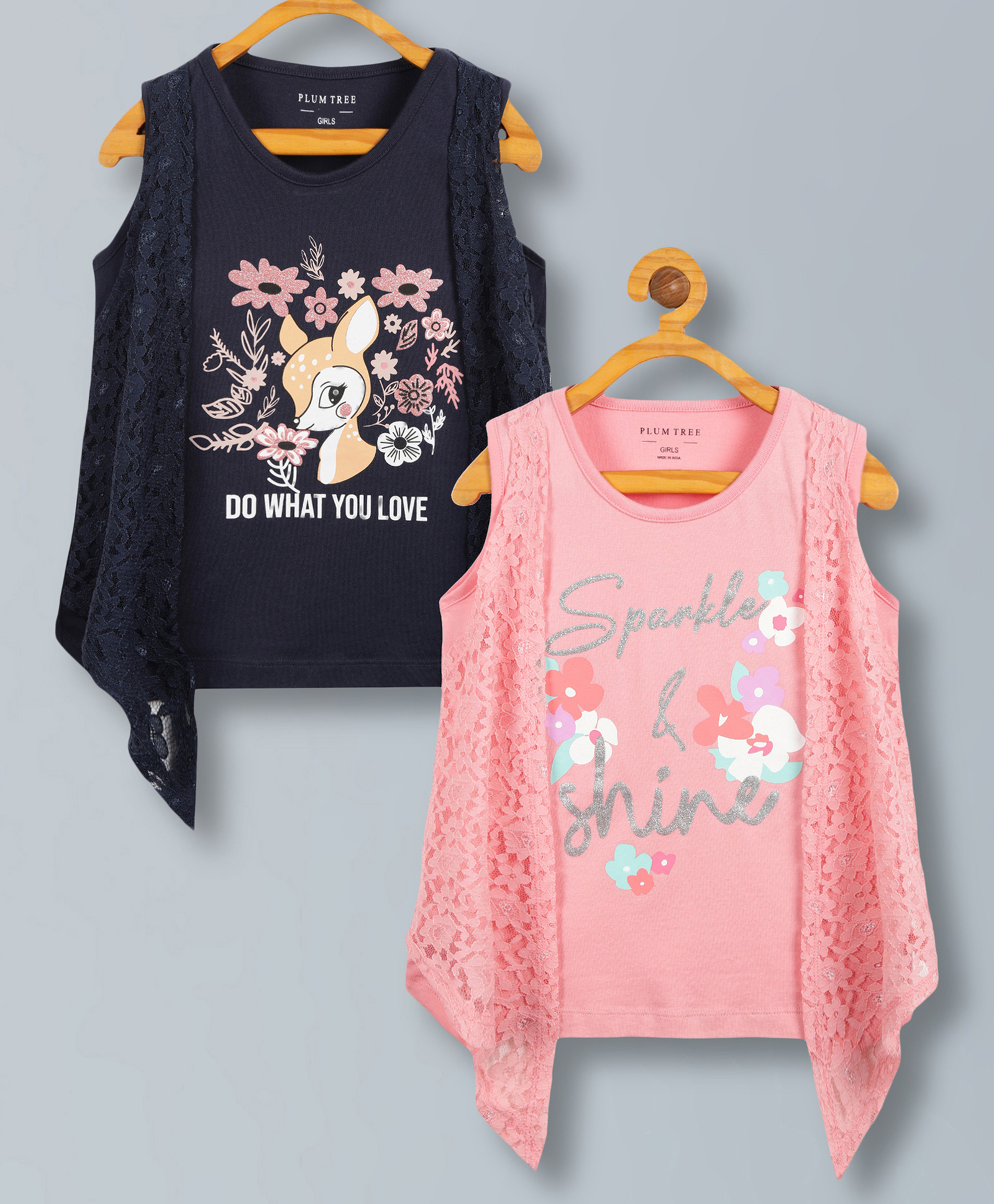 Plum Tree Pure Cotton Pack Of 2 Sleeveless Deer & Sparkle Text Glitter Printed Top With Attached Floral Lace Shrug Top - Coral & Navy Blue-picture-49