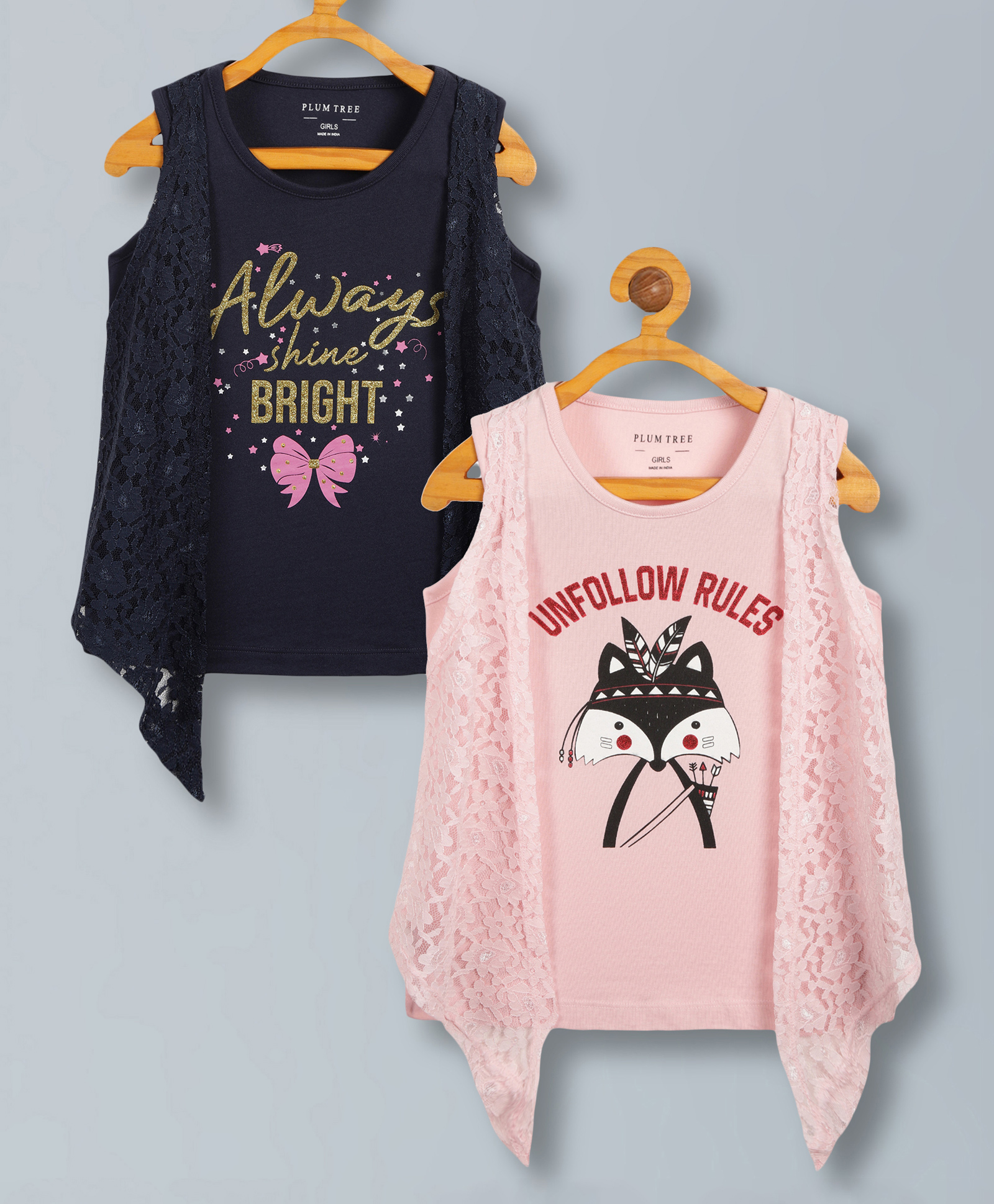 Plum Tree Pure Cotton Pack Of 2 Sleeveless Fox & Always Shine Bright Text Glitter Printed Top With Attached Floral Lace Shrug Top - Pink & Navy Blue-picture-24