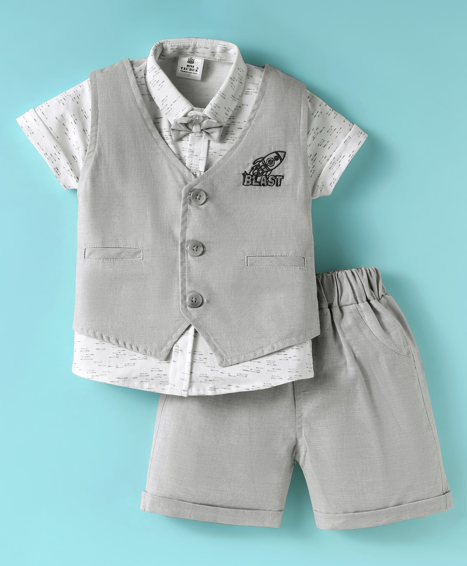 Mini Taurus Sinker Knit Half Sleeves 3 Piece Party Suit with Bow & Rocket Patch Detailing - Light Grey-image-37