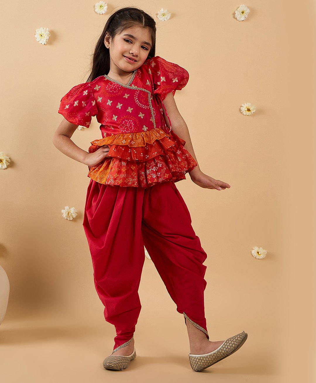 Pspeaches Chanderi Half Balloon Sleeves Bandhani Printed & Lace Embellished Layered Top & Dhoti Set - Red-picture-14