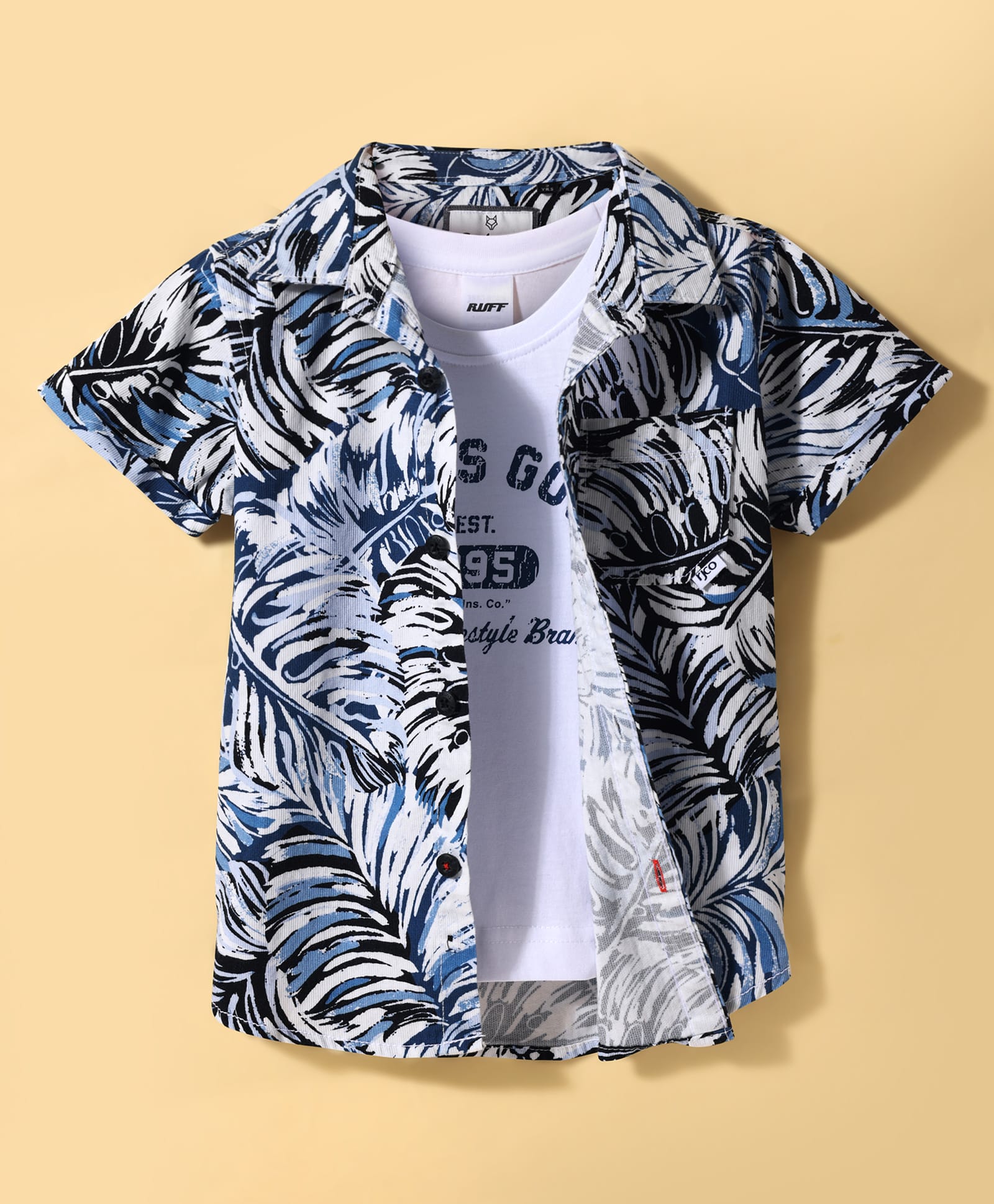 Ruff Corduroy Woven Half Sleeves Shirt With T-Shirt Leaves Print - Navy Blue-picture-10