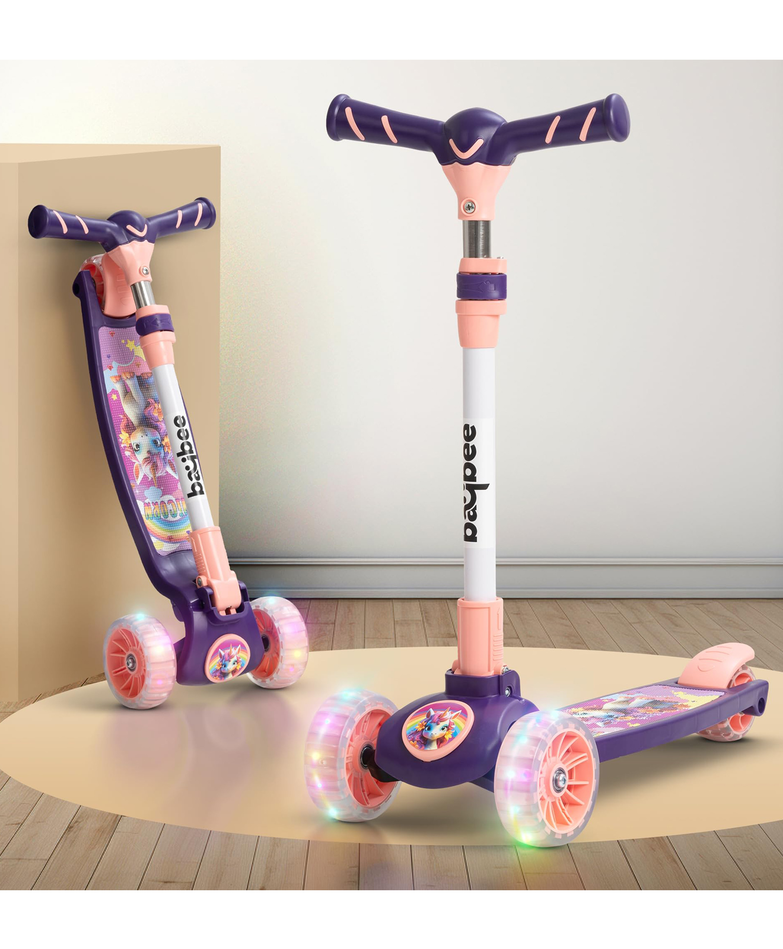 BAYBEE Kitty Kick Scooter for Kids, Foldable Kids Scooter with 3 Height Adjustable Handle, Skate Scooter with LED PU Wheels & Brake (Purple)-picture-2