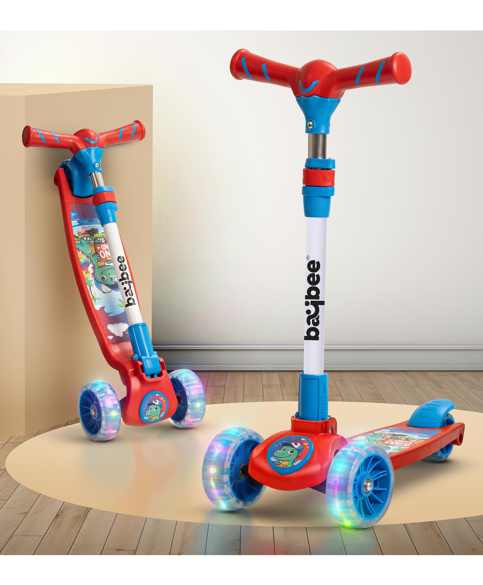 BAYBEE Kitty Kick Scooter for Kids, Foldable Kids Scooter with 3 Height Adjustable Handle, Skate Scooter with LED PU Wheels & Brake (Red/Blue)-image-37
