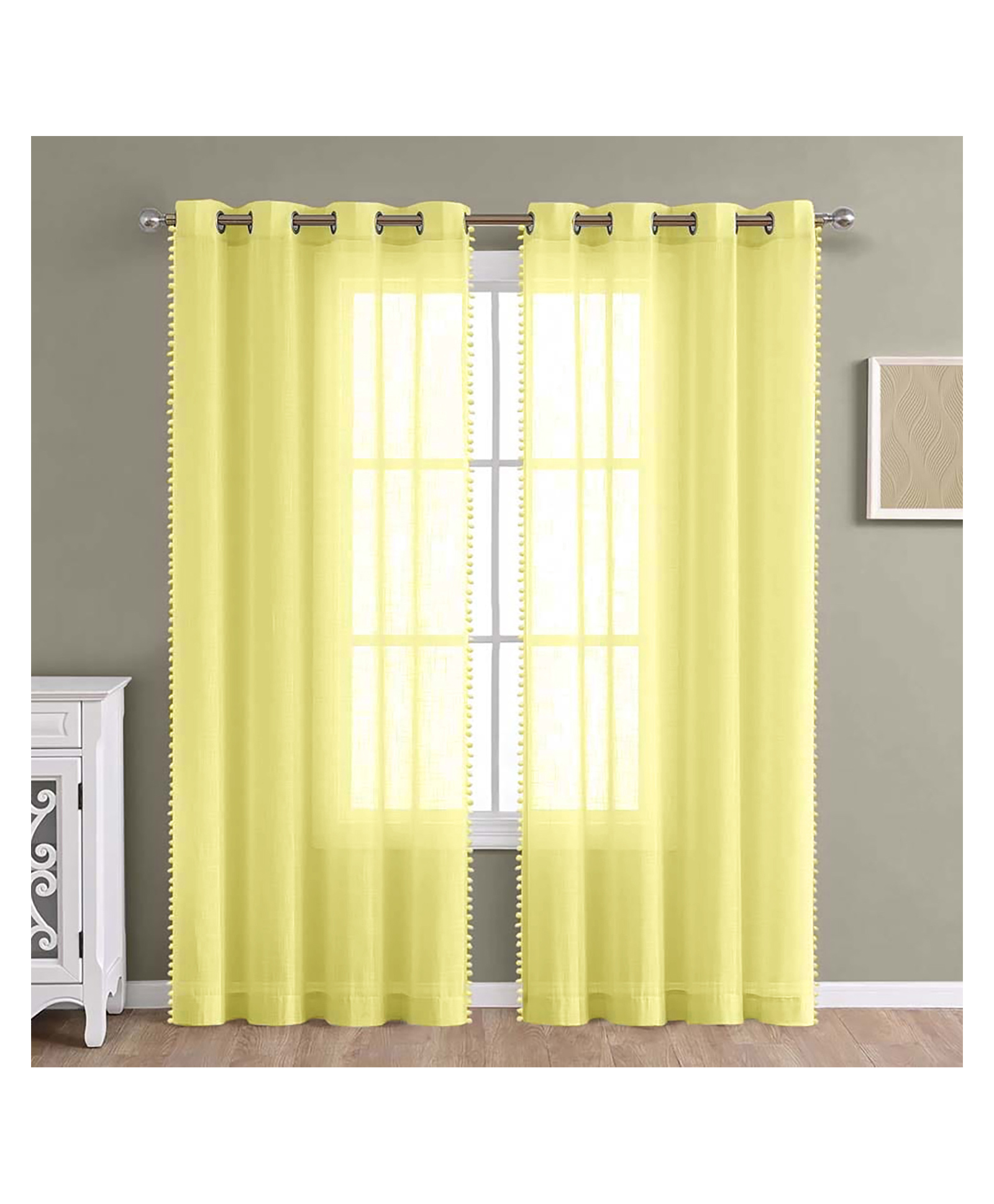 Haus & Kinder Linen Sheer Polyester Window Curtains Set of 2 | Eyelet Rings | Yellow | 4ft X 5ft-image-3