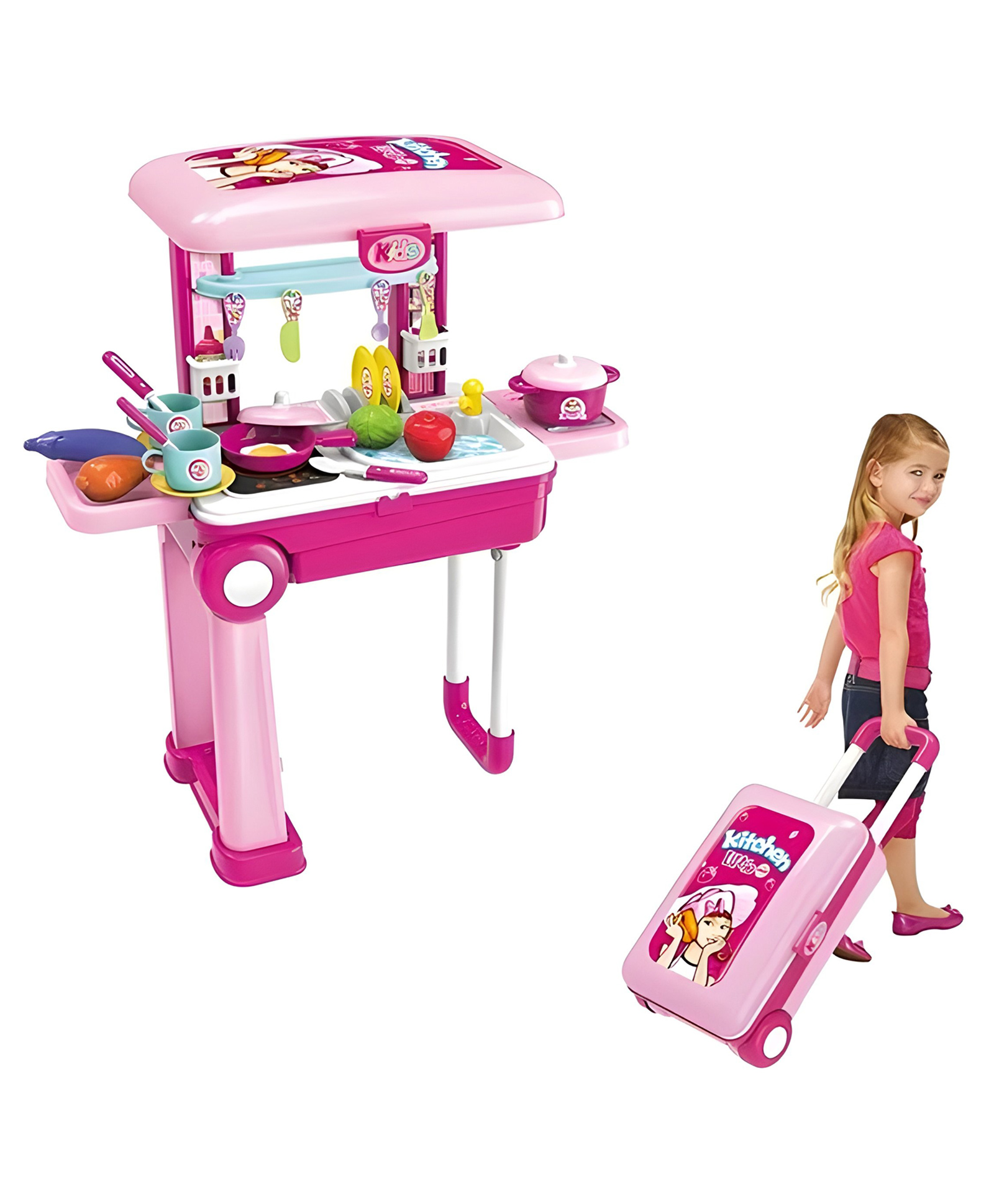 YAMAMA Role And Pretend Play Toys For Kids Little Chef Set Suitcase On Wheel, Little Chef Kit for Kids Kitchen Set 2 in 1 Vanity Table Portable Trolley - Multicolor-image-23