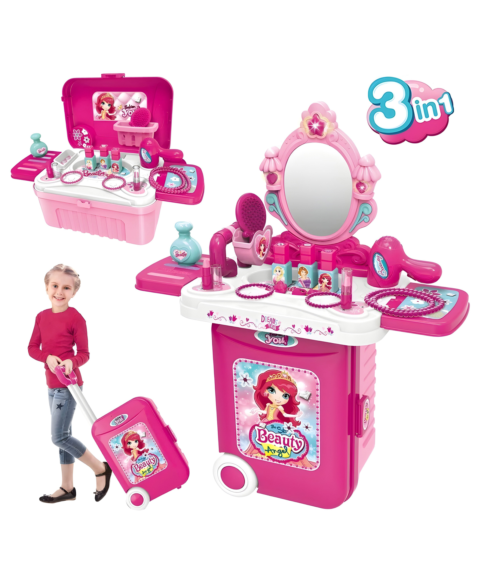 YAMAMA Role And Pretend Play Toys For Kids Beauty Set Suitcase On Wheel, Beauty Makeup Kit for Doll Girls Cosmetic Set 3 in 1 Vanity Table - Multicolor-picture-28