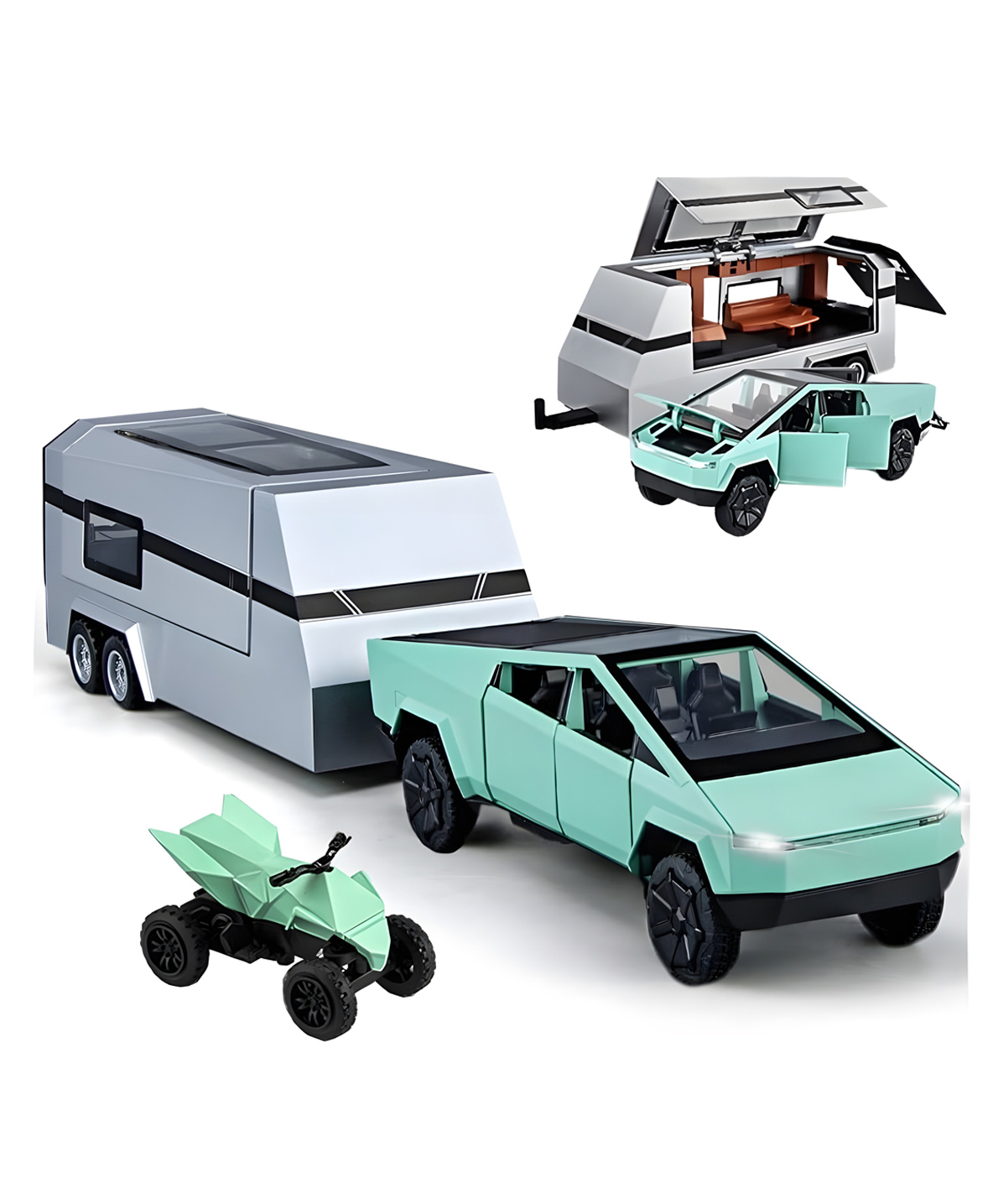 YAMAMA Tesla Cybertruck with Pickup Trailer Alloy Car Model Scale 1:24 Pickup Trailer RV Model, Metal Pick-Up Truck Trailer Toy with Motorcycle, Toy Truck with Sound, Light, Pull Back, Realistic Interior Exterior Green-image-26