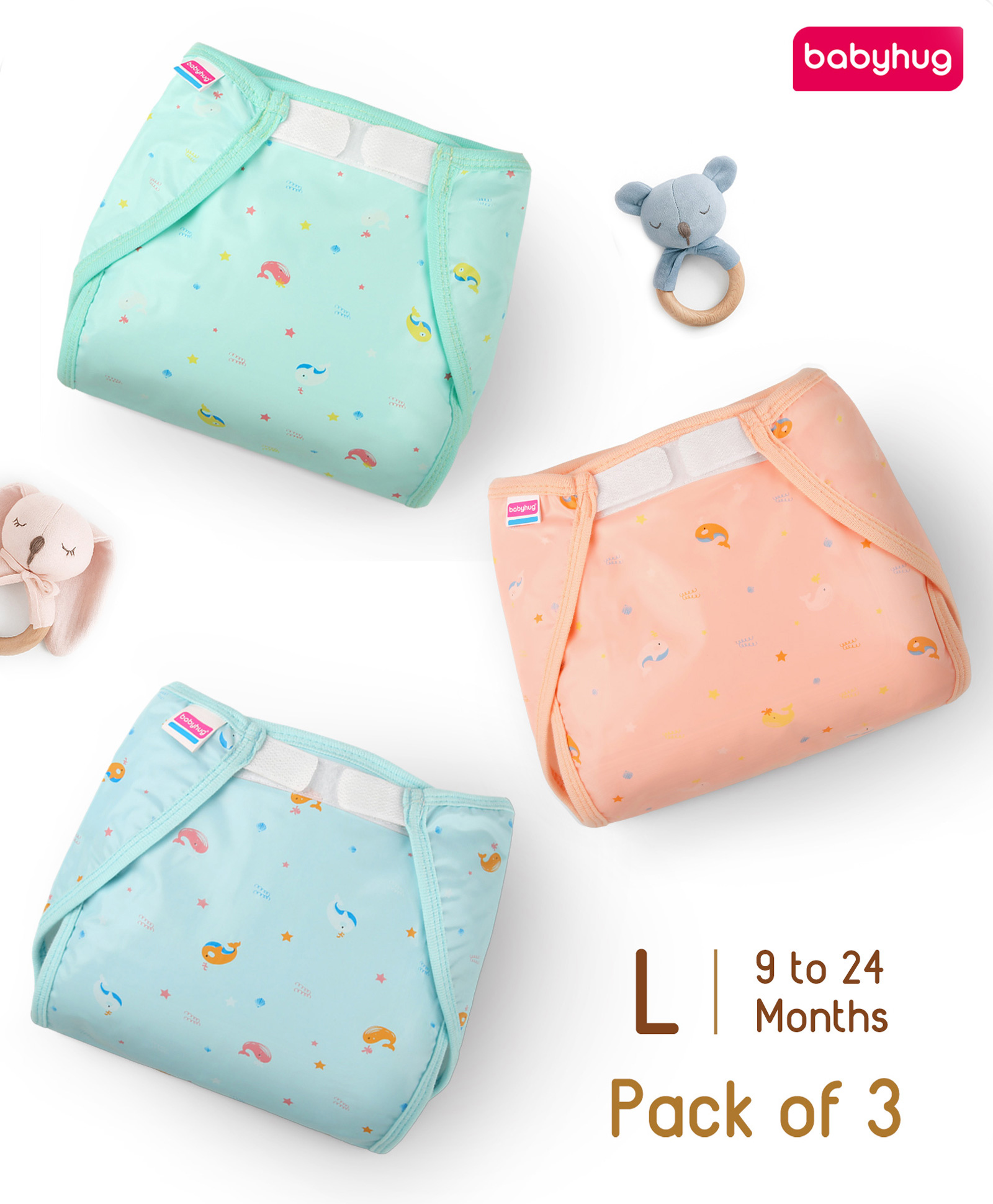 Babyhug Waterproof Nappy with Terry Inner Layer Large Size Set of 3 - Dolphin Print| Reusable| Easy to Clean and Maintain| Adjustable Velcro Closure-image-10