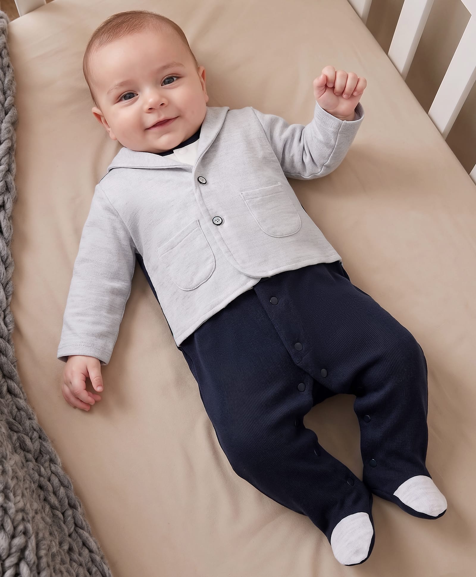 Kookie Kids Interlock Knit Full Sleeves Footed Sleep Suit With Color Block Design - Navy Blue-image-48