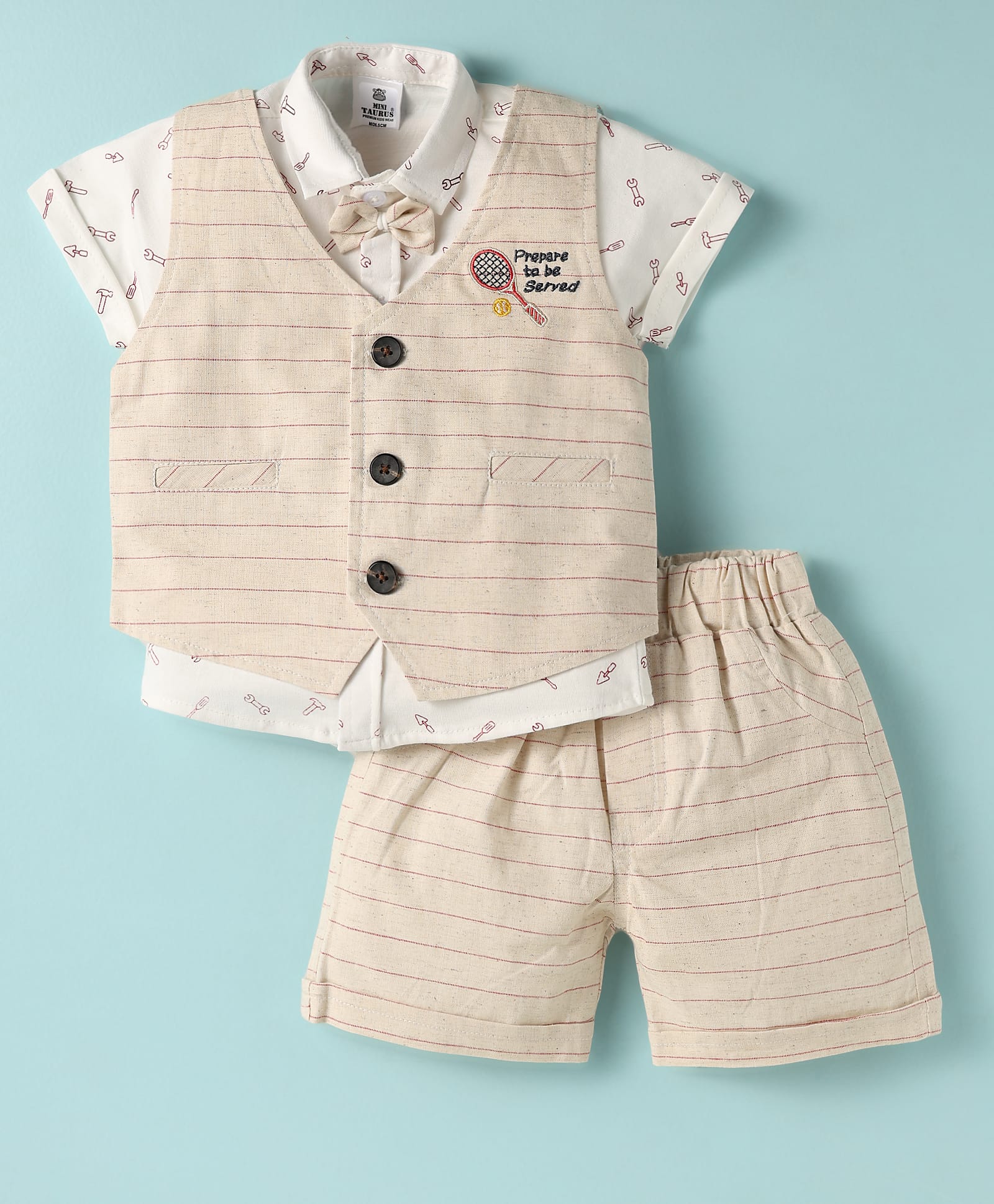 Mini Taurus Sinker Knit Half Sleeves Printed 3 Piece Party Suit With Embroidery Detailing & Bow Applique - Beige-image-36