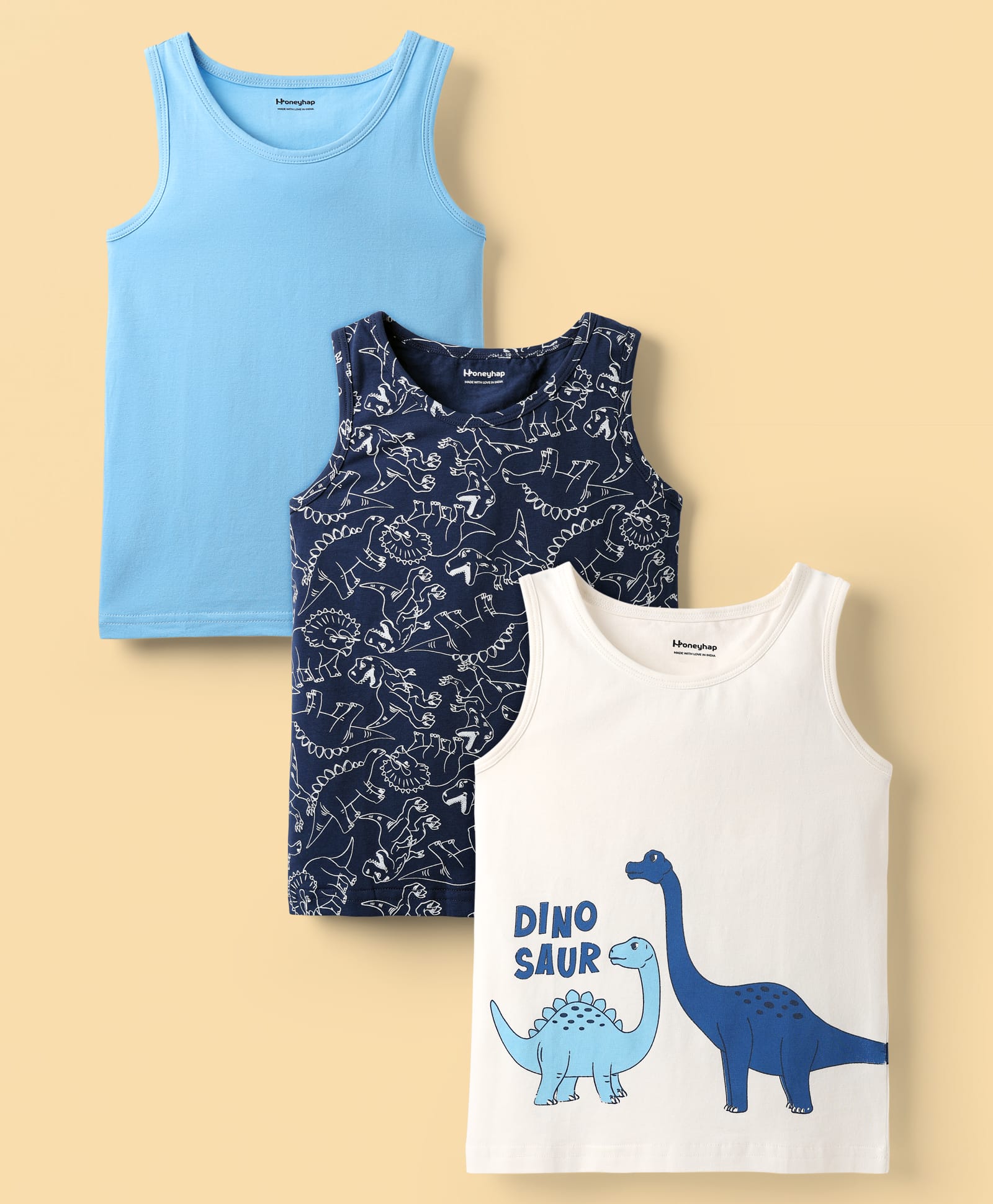 HoneyhapPremium Cotton Elastane Knit Sleeveless Vests With Bio Finish & Dino Print Pack of 3 - Navy Peony Bright White & Baltic Sea-image-47