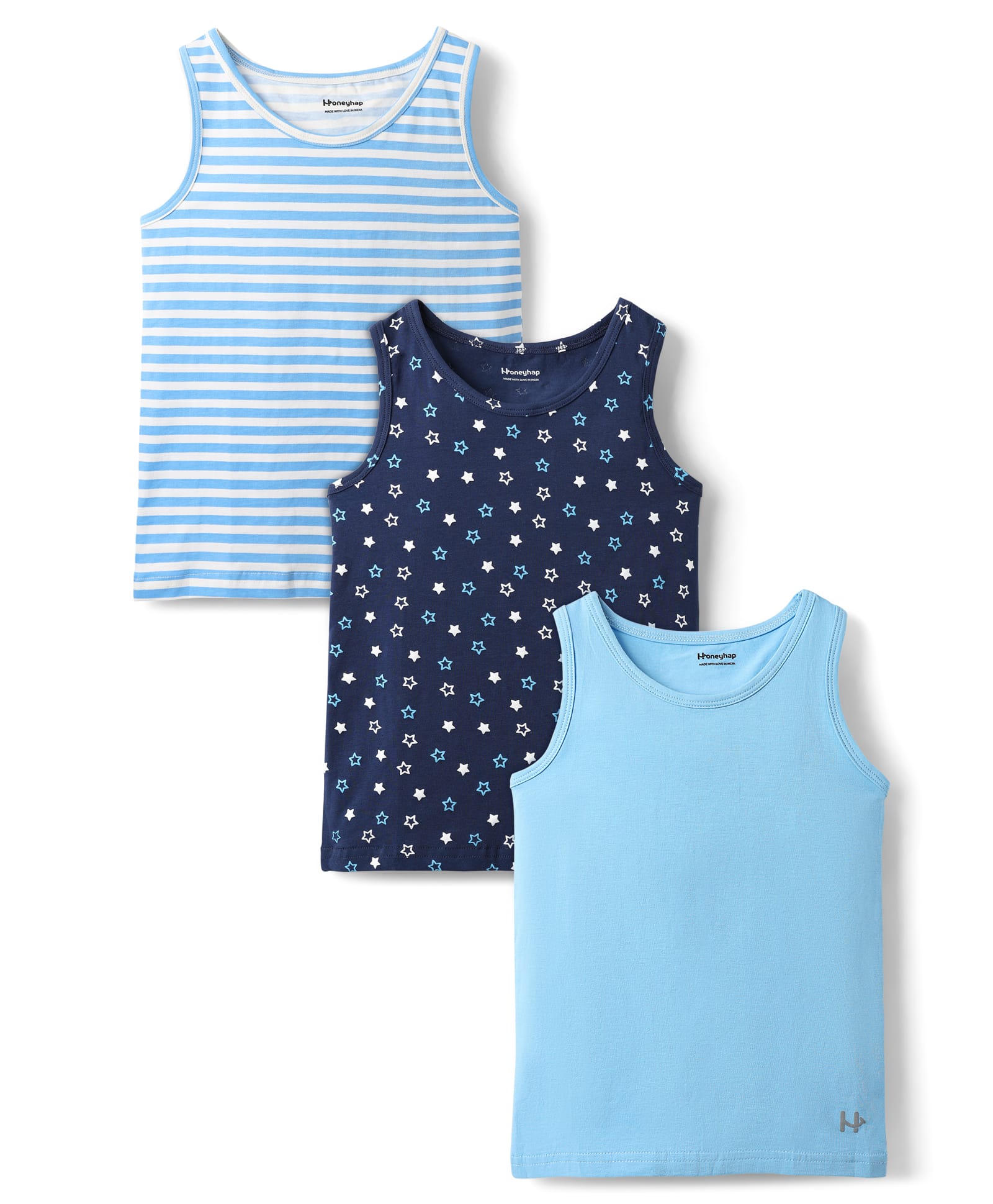 HoneyhapPremium Cotton Elastane Knit Sleeveless Vests With Bio Finish & Stripes Star Print Pack of 3 - Baltic Sea Navy Peony & Bright White-image-19