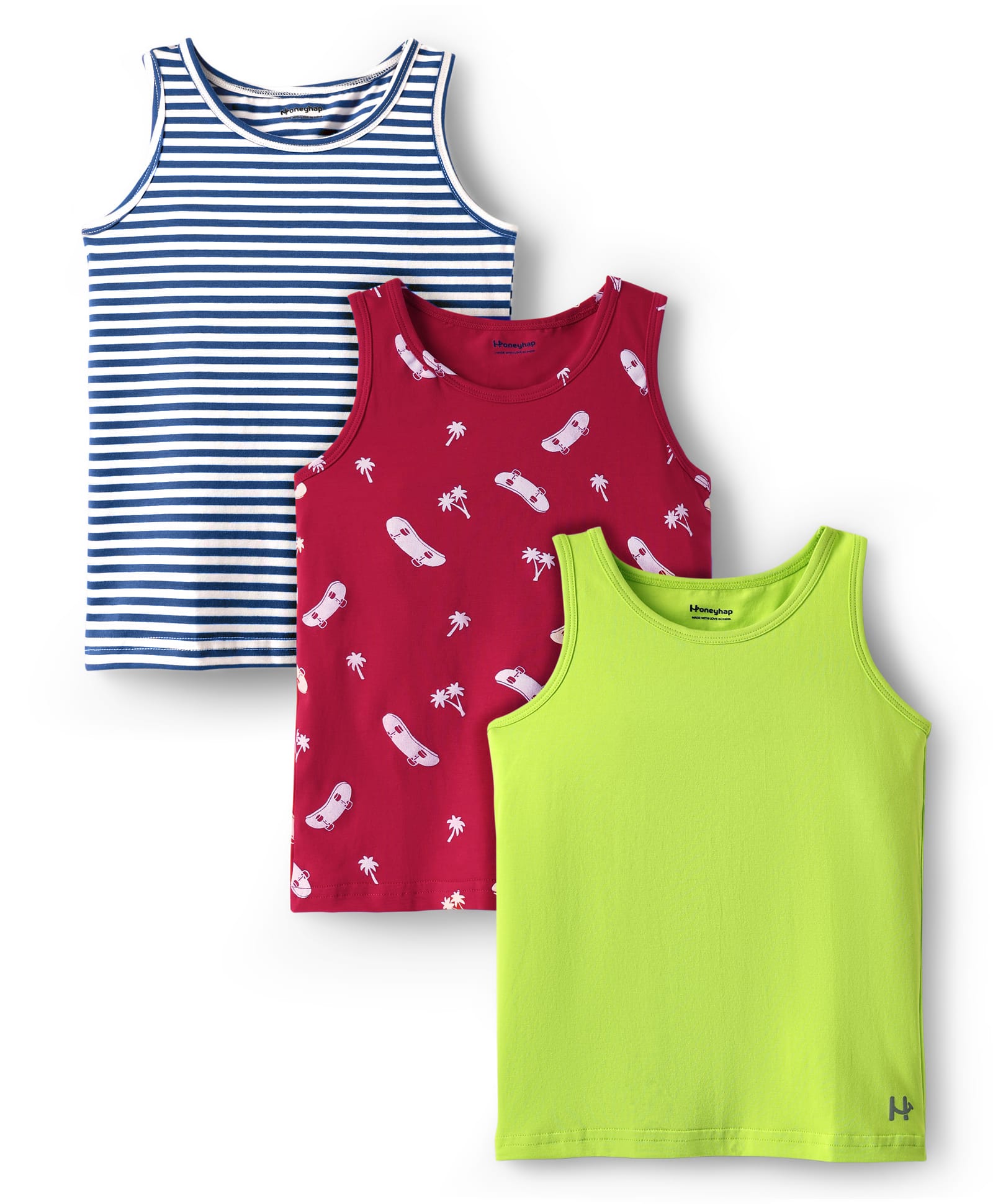 Honeyhap Premium Cotton Elastane Knit Sleeveless Vests With Bio Finish Stripes & Skateboard Print Pack Of 3 - Bright White Kiwi Colada & High Risk-picture-35