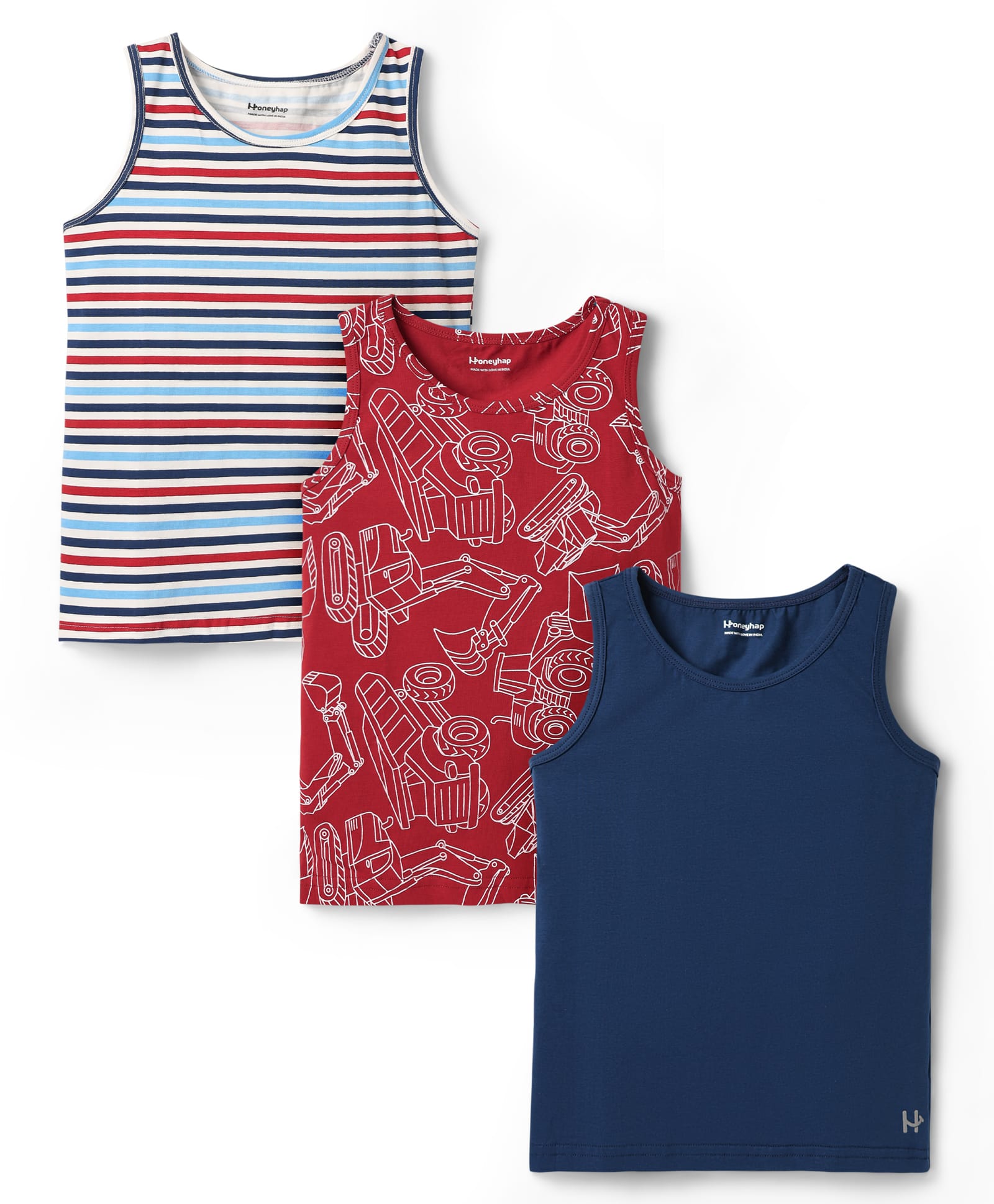 Honeyhap Cotton Elastane Knit Sleeveless Vests With Stripes & Construction Vehicle Print Pack Of 3 - Savy Red Navy Peony & Bright White-image-12