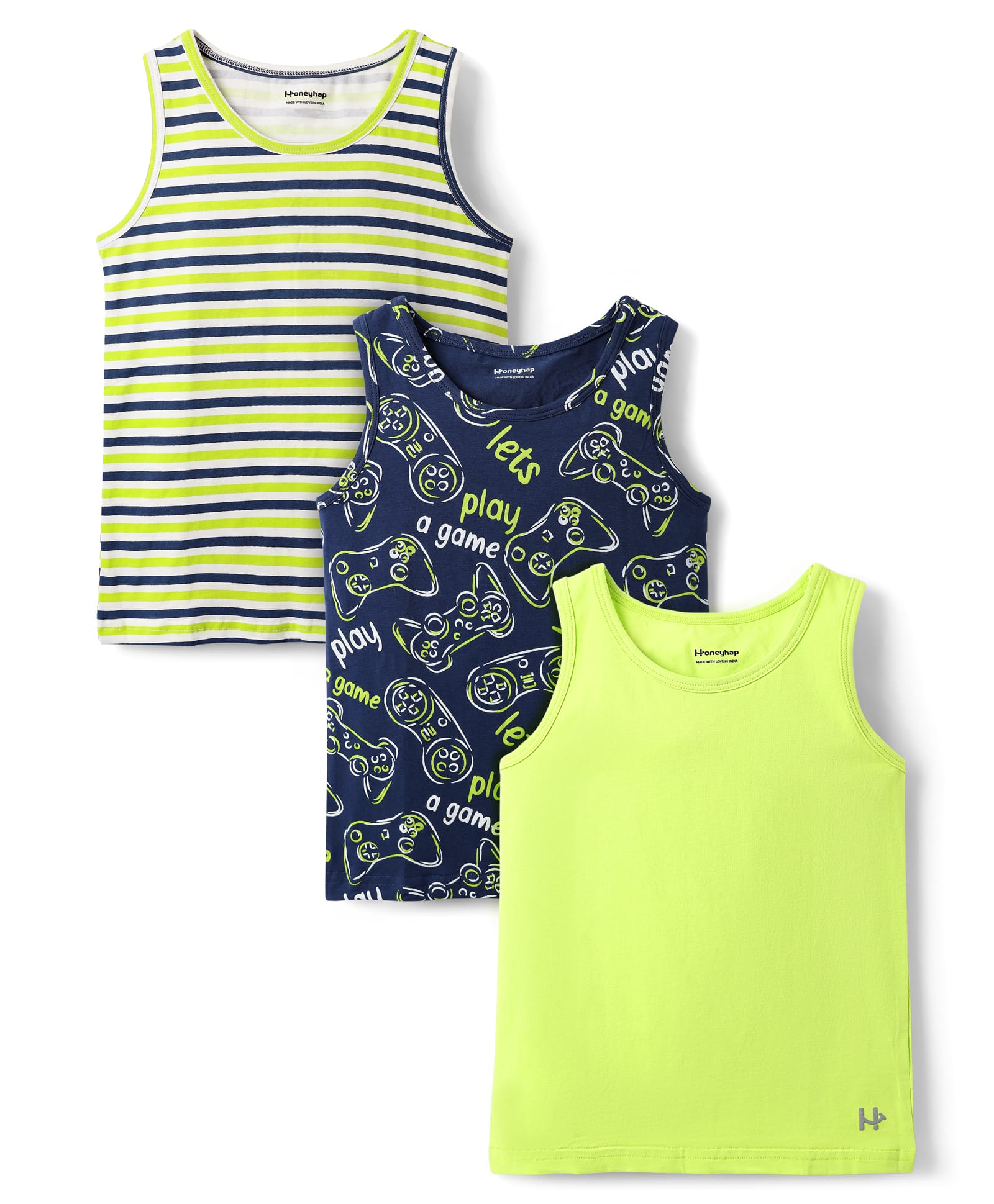 Honeyhap Premium Cotton Elastane Sleeveless Vests With Bio Finish Stripes & Game Print Pack of 3 - Kiwicolada Navy Peony & Bright White-image-13