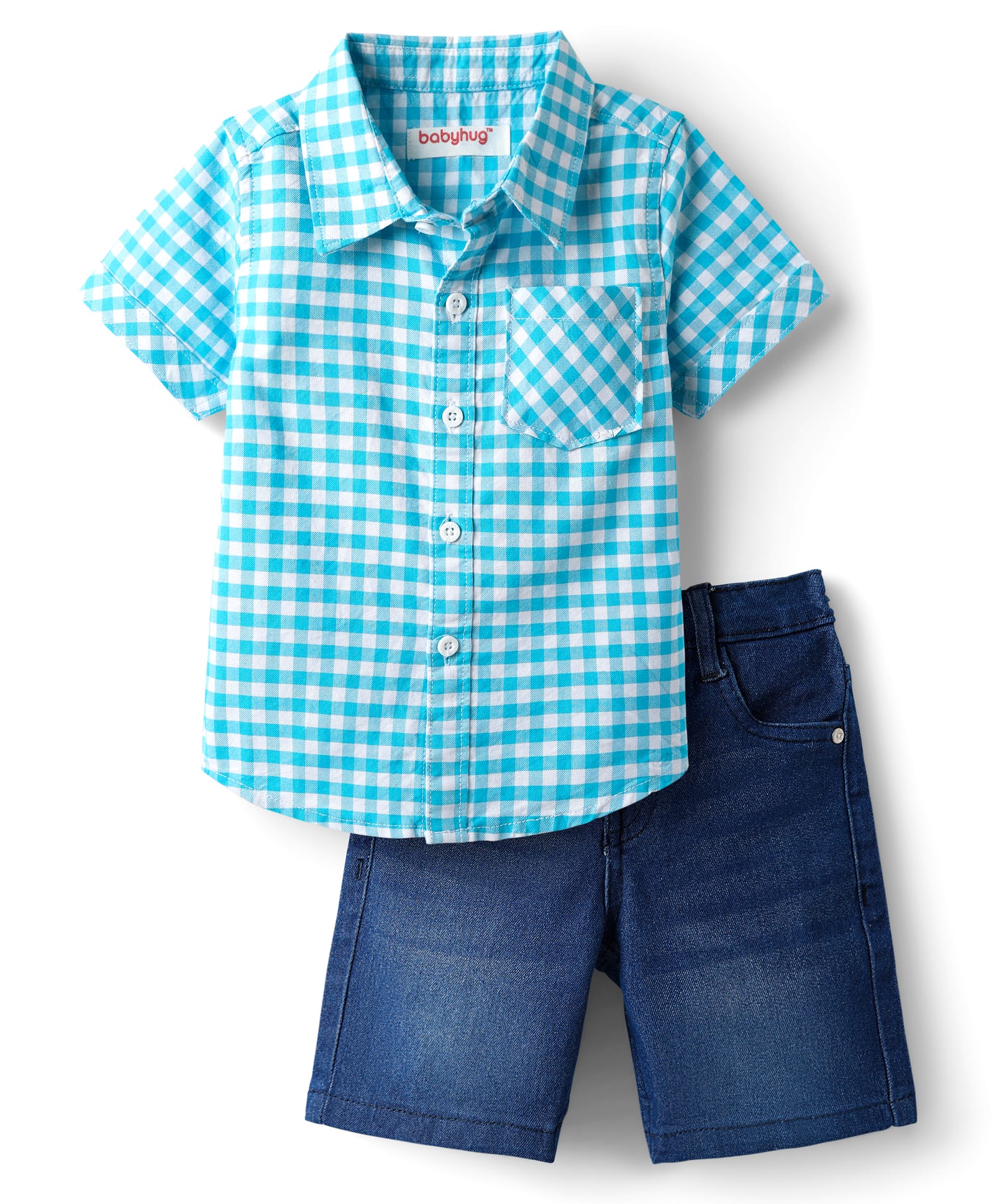 Babyhug CottonWoven Half Sleeves Shirt & Shorts Set with Checks-Light Blue-image-48