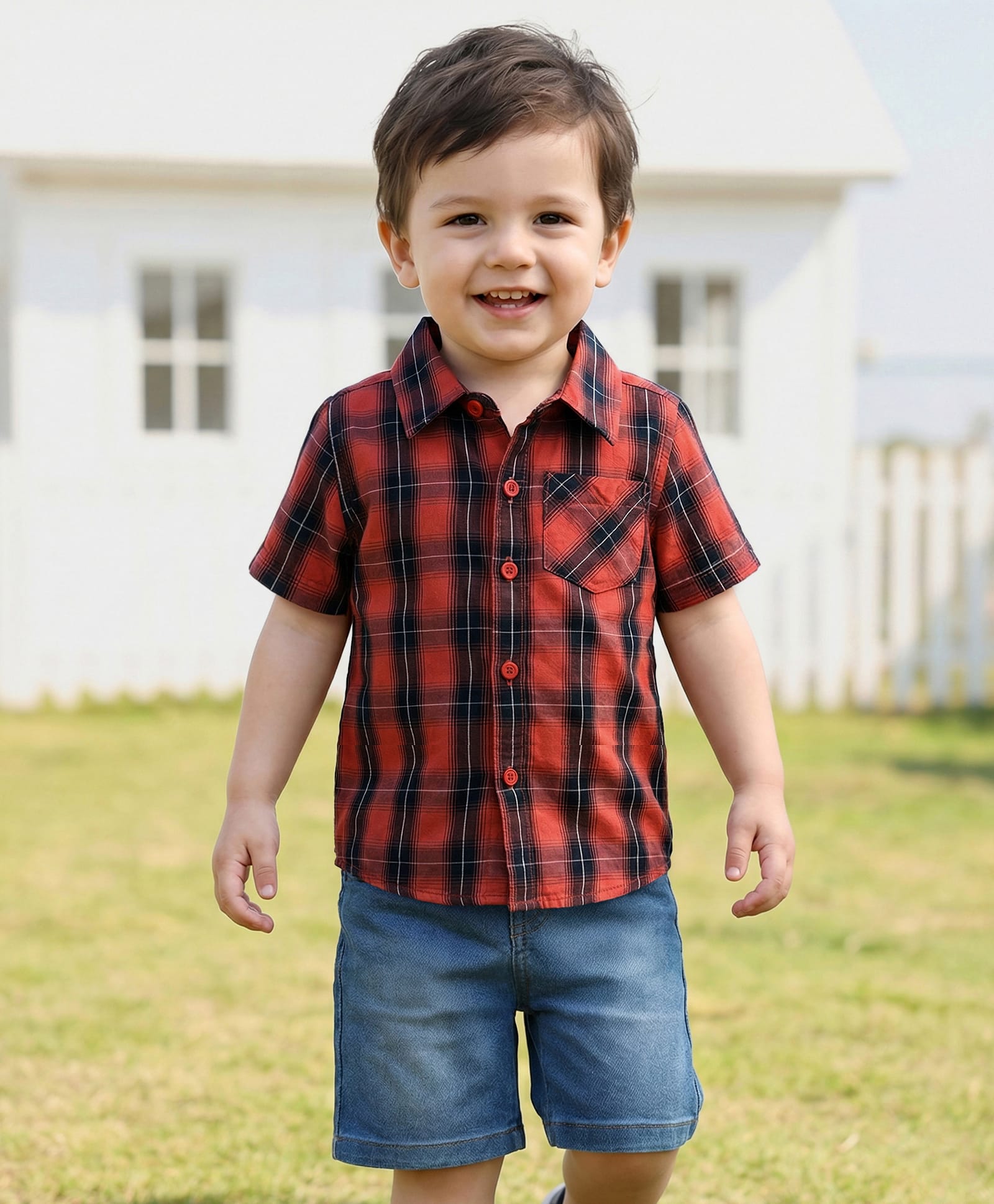Babyhug Cotton Woven Half Sleeves Shirt & Short Set With Checks Print - Red & Blue-picture-26