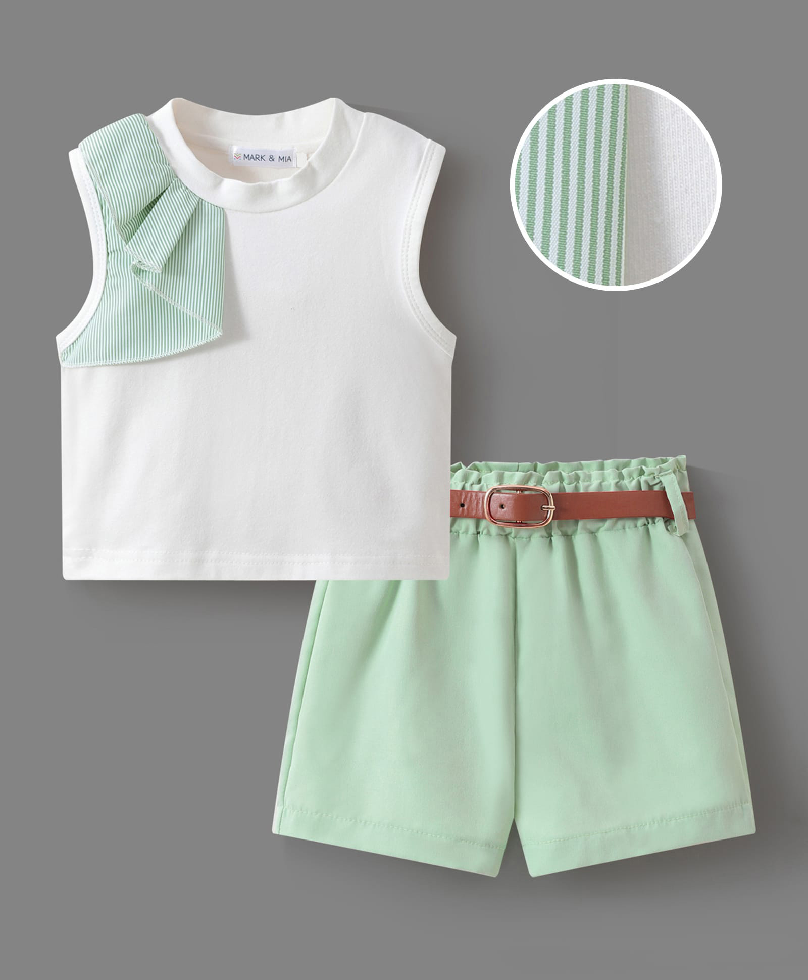 Mark & Mia Sleeveless Solid Color T-Shirt & Shorts Set with Belt - Light Green & White-picture-37