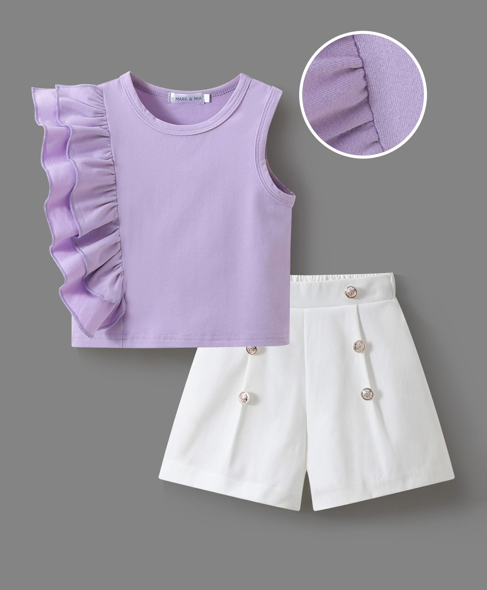 Mark & Mia Sleeveless Solid Color Top & Shorts Set with Button & Frill Detailing - Purple & White