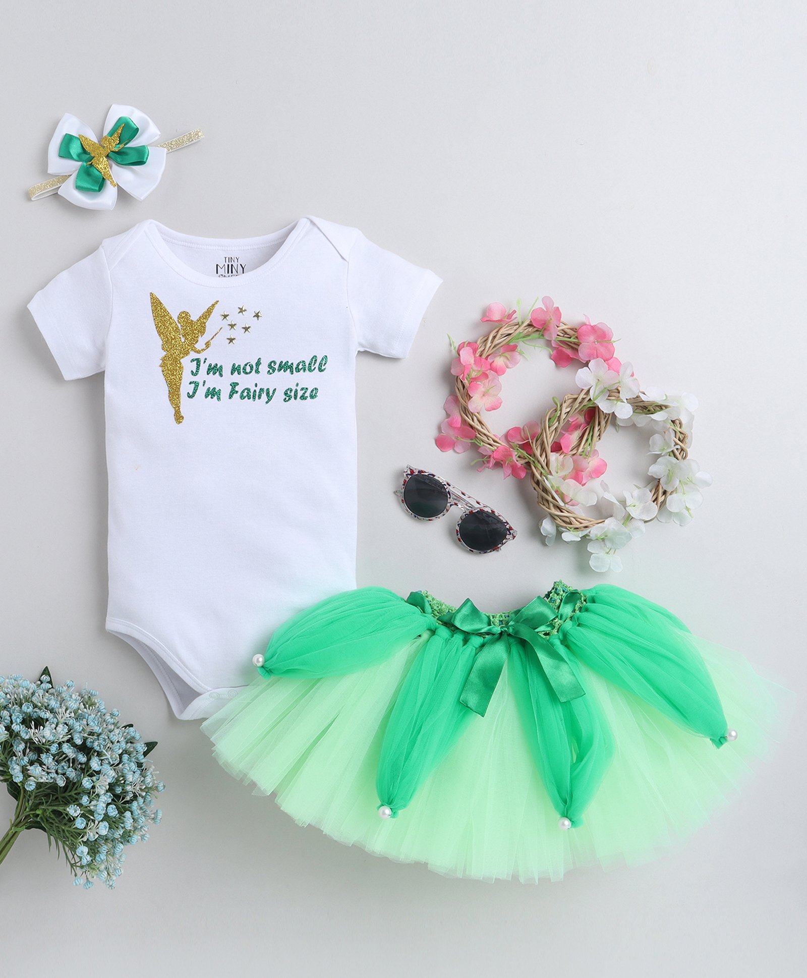TINY MINY MEE Elastane Half Sleeves Tinker Bell Printed Onesie With Net Tutu Skirt & Headband Set - Green-image-9