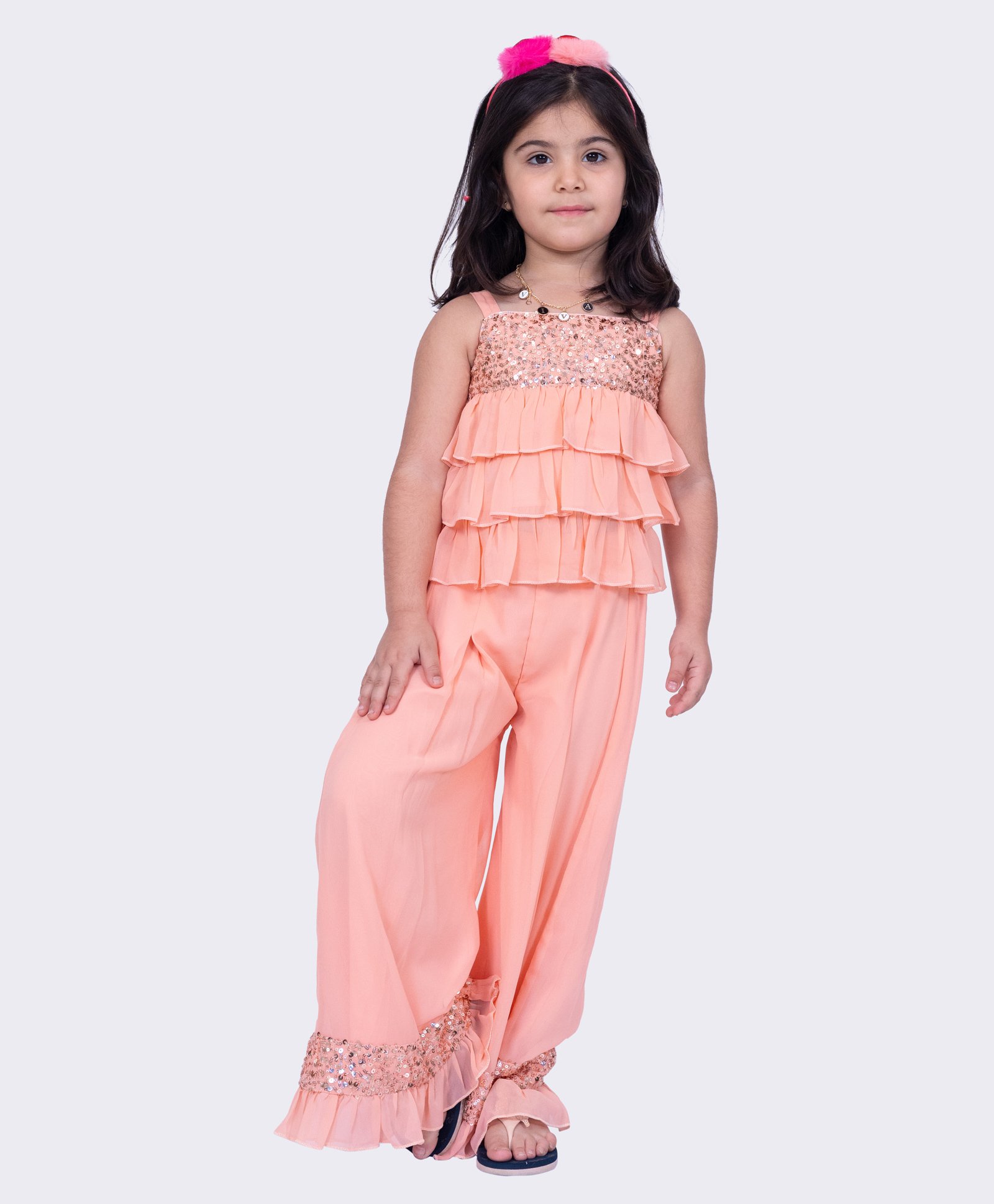 Twisha Georgette SleevelessSequins Embellished Layered Top & Palazzo Set - Peach-image-18