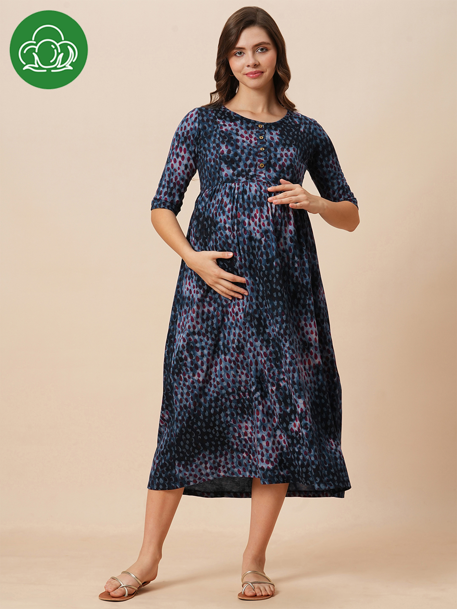 Inner Sense Organic Cotton Knit Three Fourth Sleeves Abstract Printed Maternity Dress With Side ZIpper Nursing Access - Flower Burst Navy Blue-picture-9