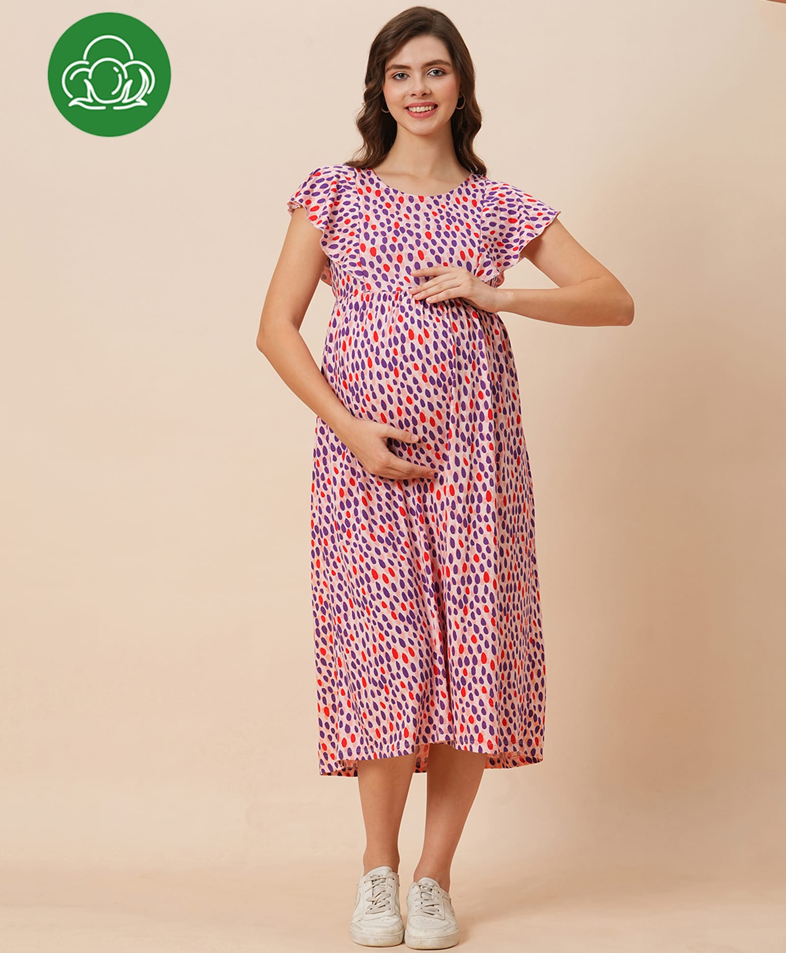 Inner Sense Organic Cotton Knit Half Flutter Sleeves Abstract Printed Maternity Dress With Side Zipper Nursing Access - Flower Burst Pink-picture-33