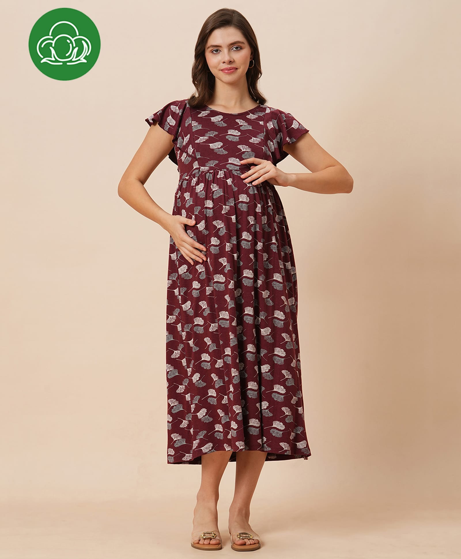 Inner Sense Organic Cotton Knit Half Flutter Sleeves Petals Printed Maternity Dress With Side Zipper Nursing Access - Petal Brown-picture-34