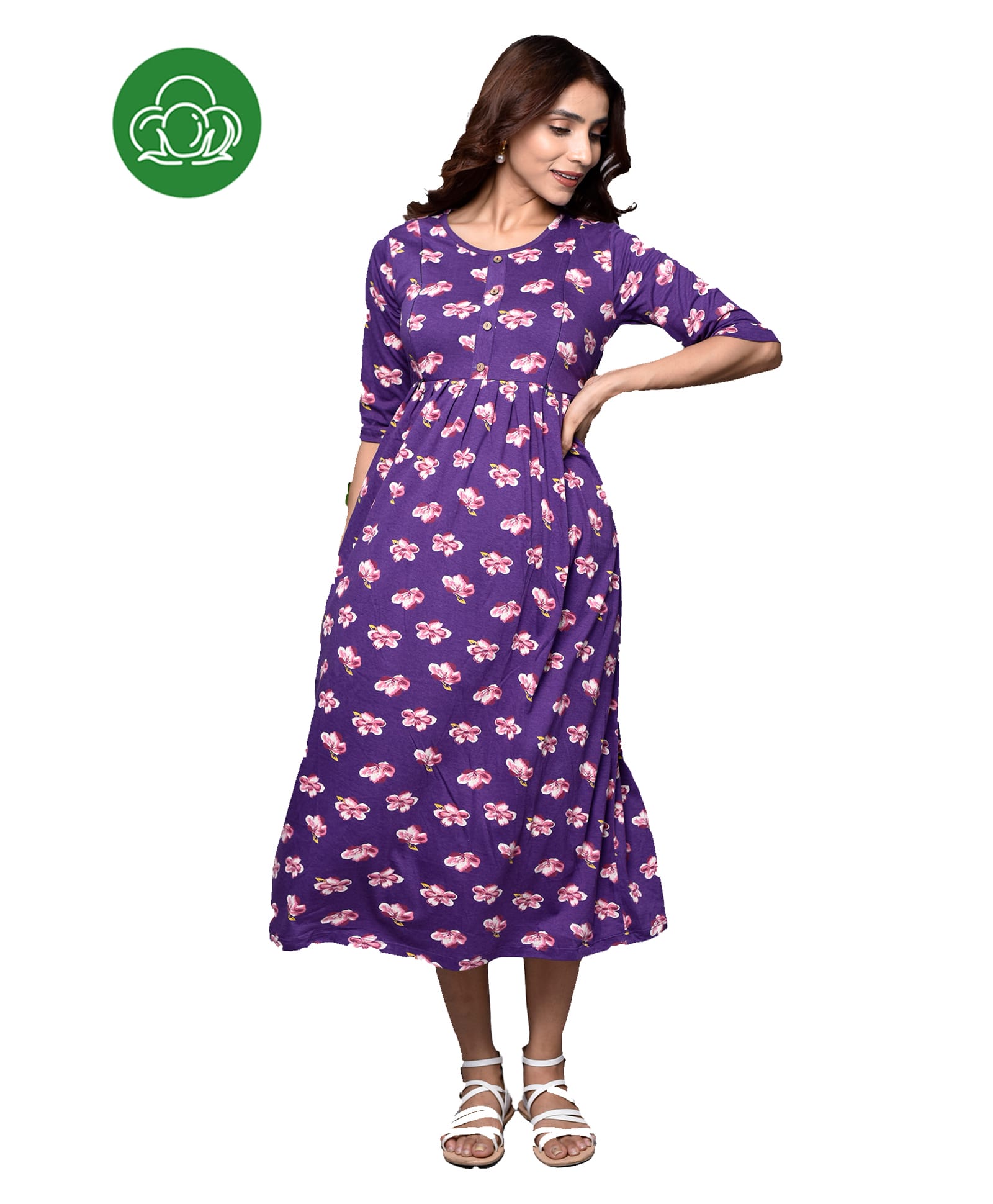 Inner Sense Organic Cotton Knit Three Fourth Sleeves Floral Printed Maternity Dress With Side Zipper Nursing Access - Violet Sakura-picture-14